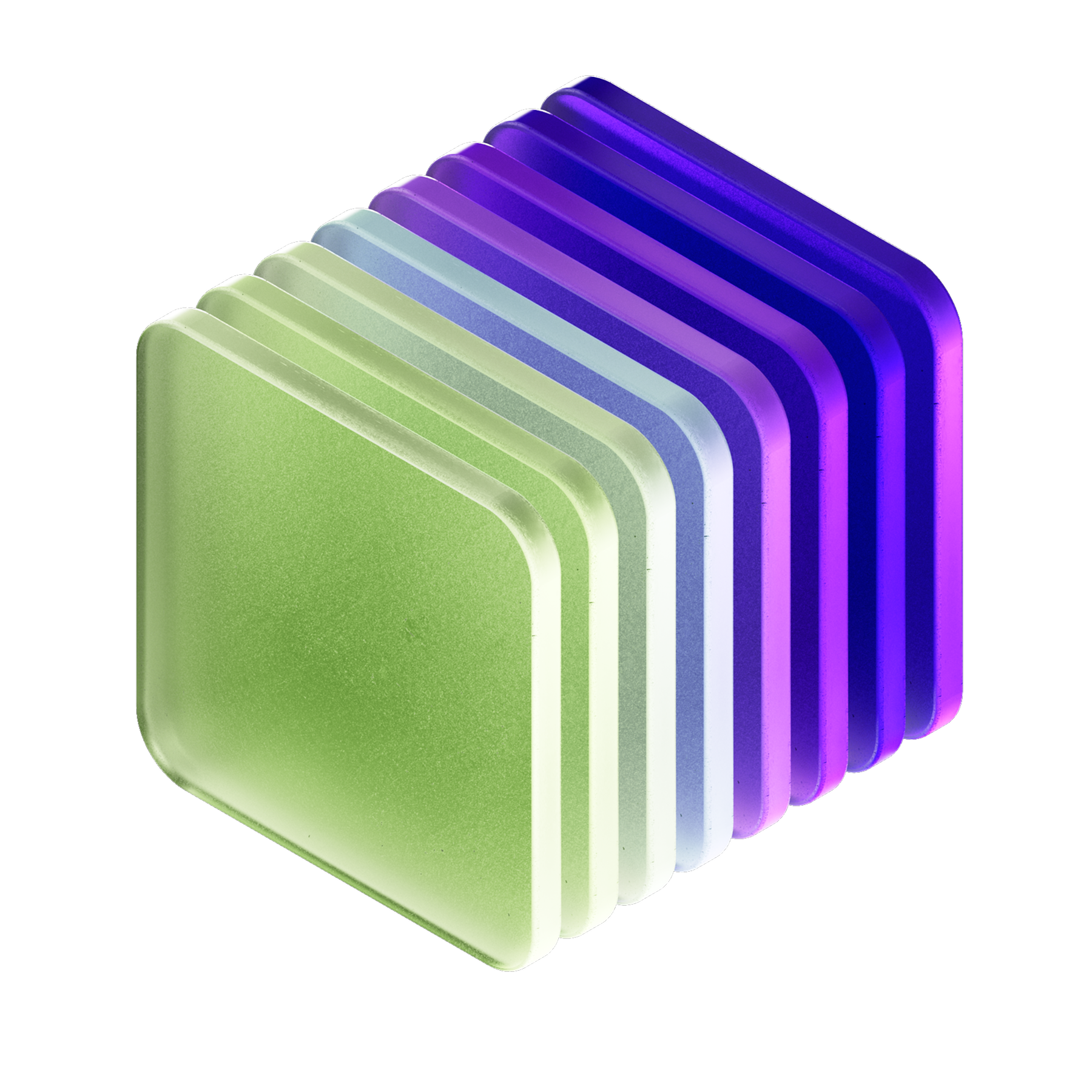 Conjunto de consolas de videojuegos en colores verde, azul claro, azul, y morado, apiladas en forma de cubo tridimensional.