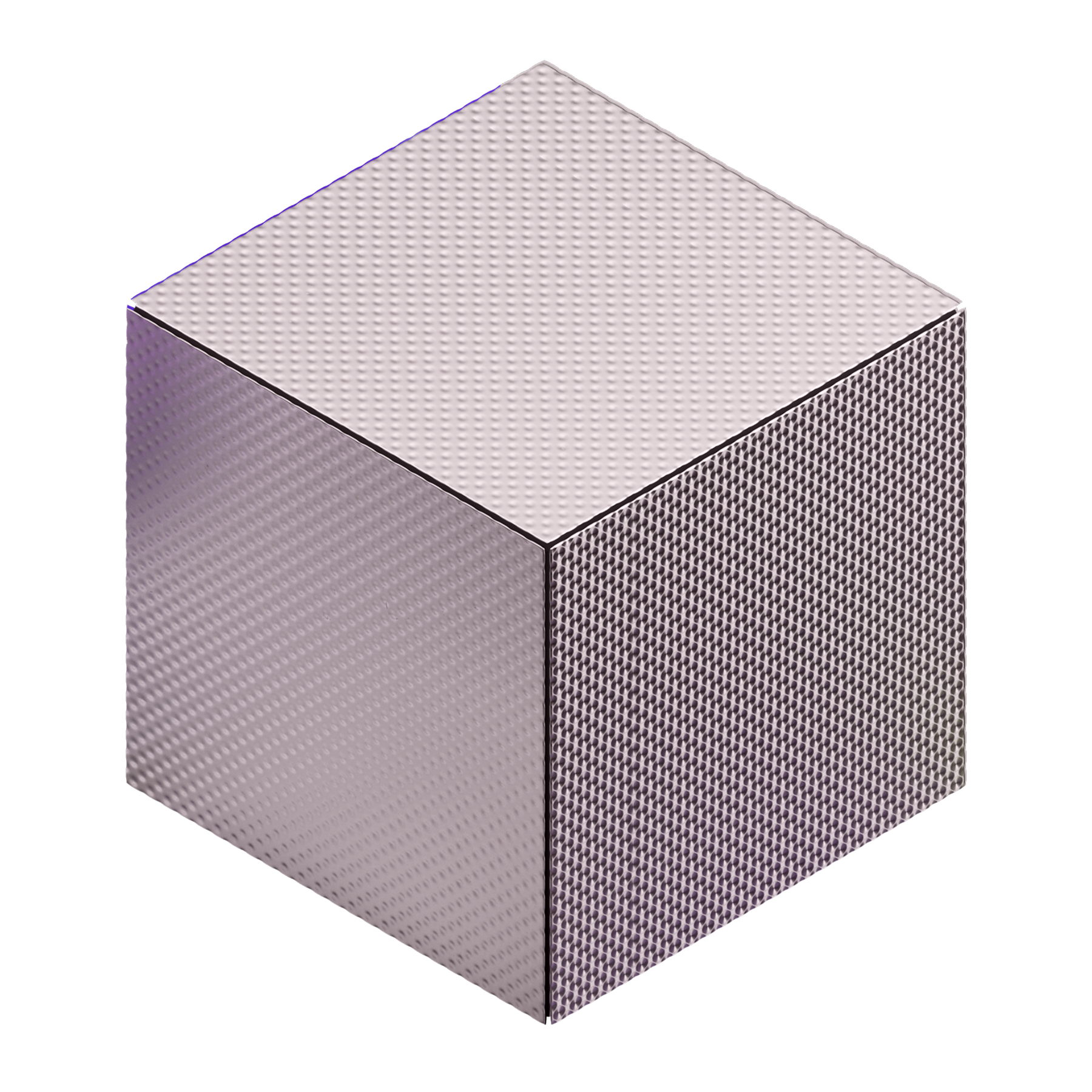 Cubo metálico con textura perforada en color plateado, sobre fondo negro.