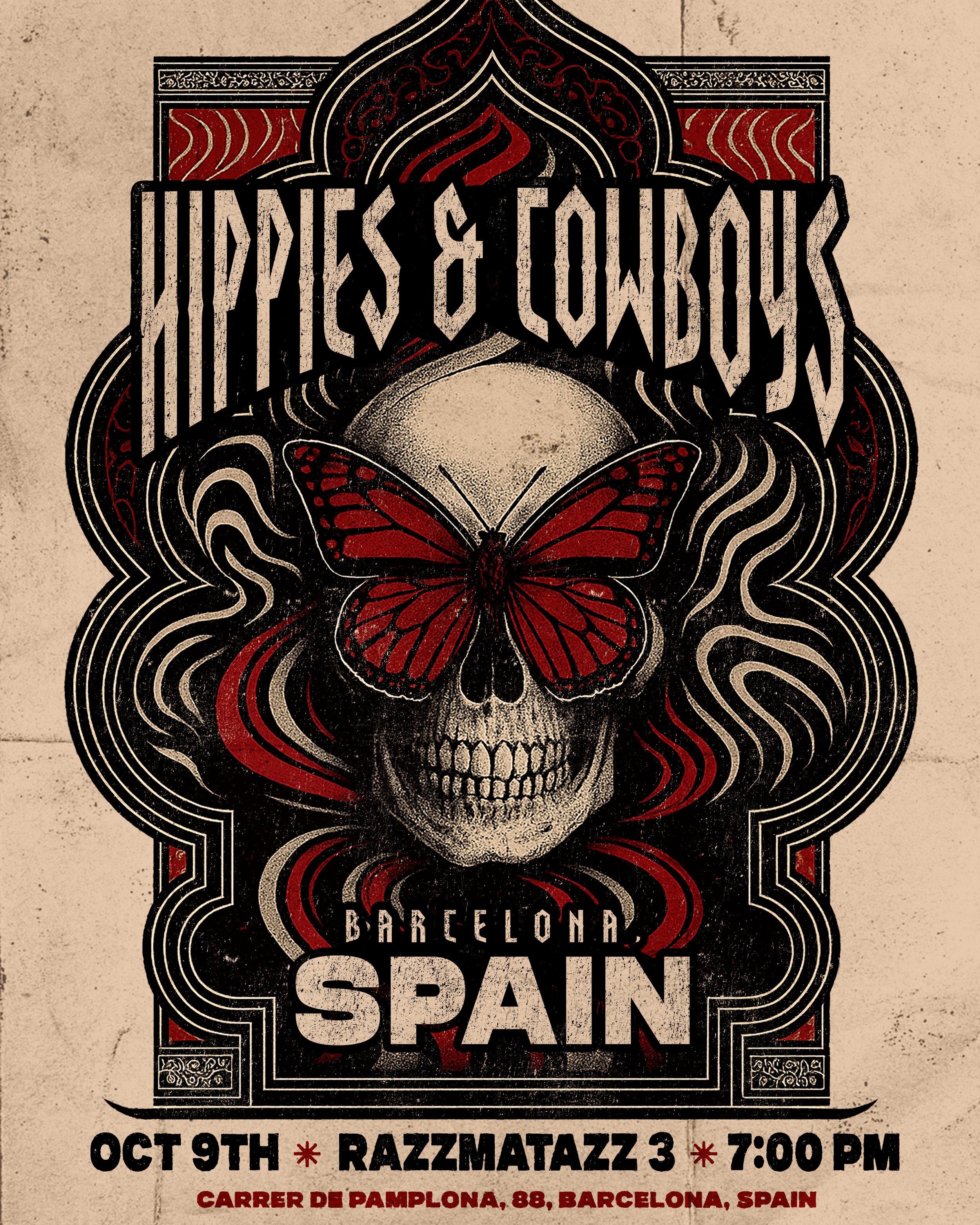 Poster advertising an event in Barcelona, Spain, on October 9th at 7:00 PM, at Carrer de Pamplona, 88, with bands Razzmatazz 3 and others.