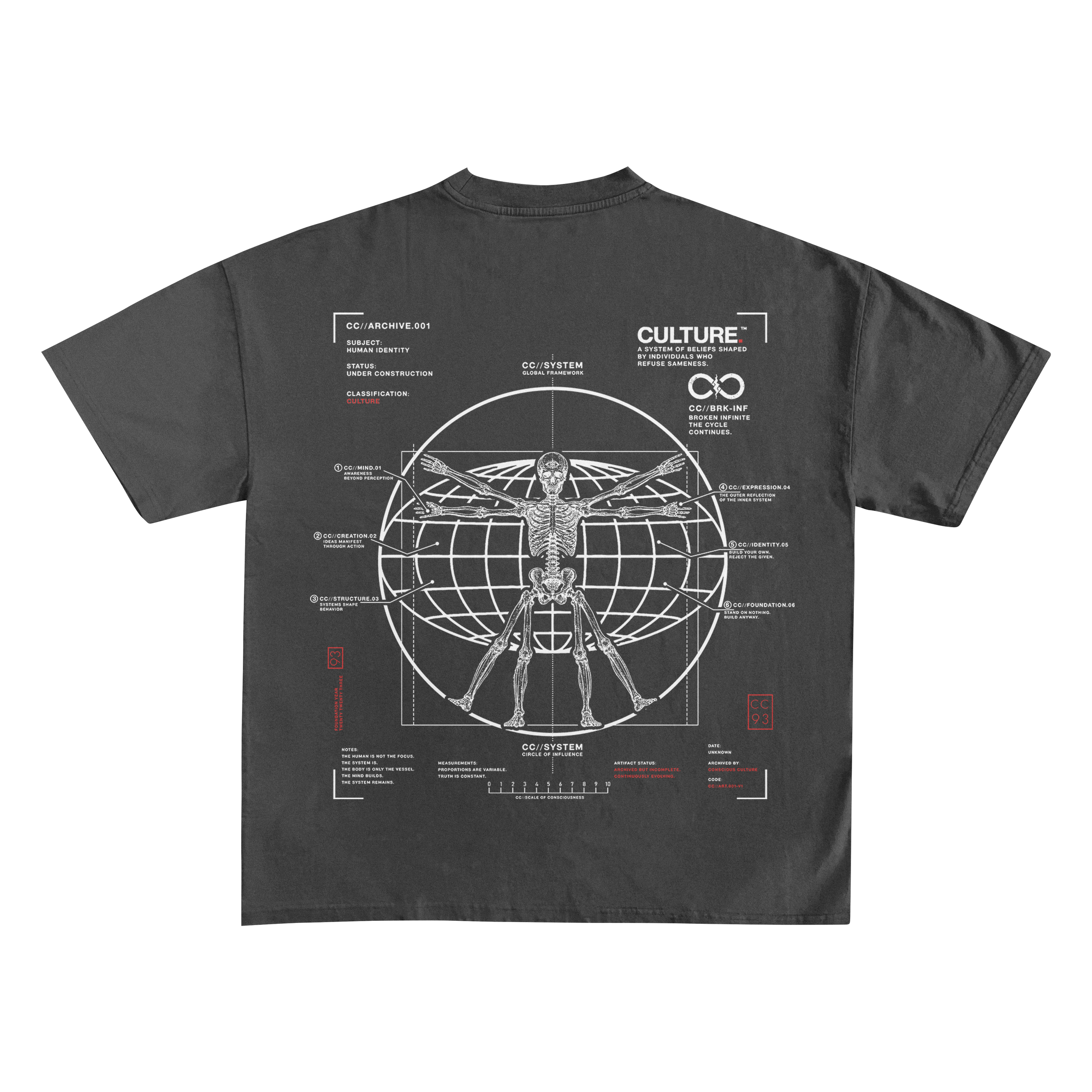 Black T-shirt featuring scientific diagrams and text related to human anatomy and systems, with red labels and white illustrations.