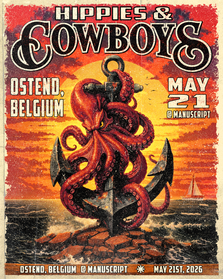 Concert poster for 'Hippies & Cowboys' in Ostend, Belgium featuring an octopus wrapped around an anchor with a sunset background, event date May 21, 2026, at Manuscript.
