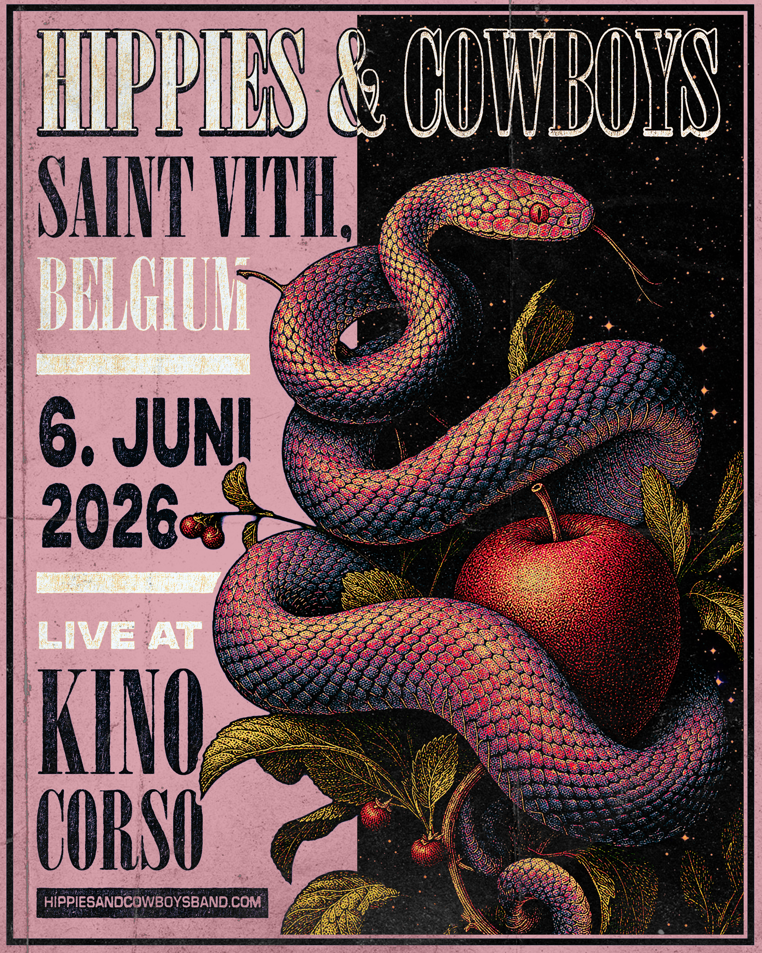 Poster for an event titled "Hippies & Cowboys Saint Vith, Belgium June 6, 2026" featuring a colorful, detailed illustration of a snake intertwined with apples and leaves against a starry black background. The poster has pink and black sections with event details and website at the bottom.