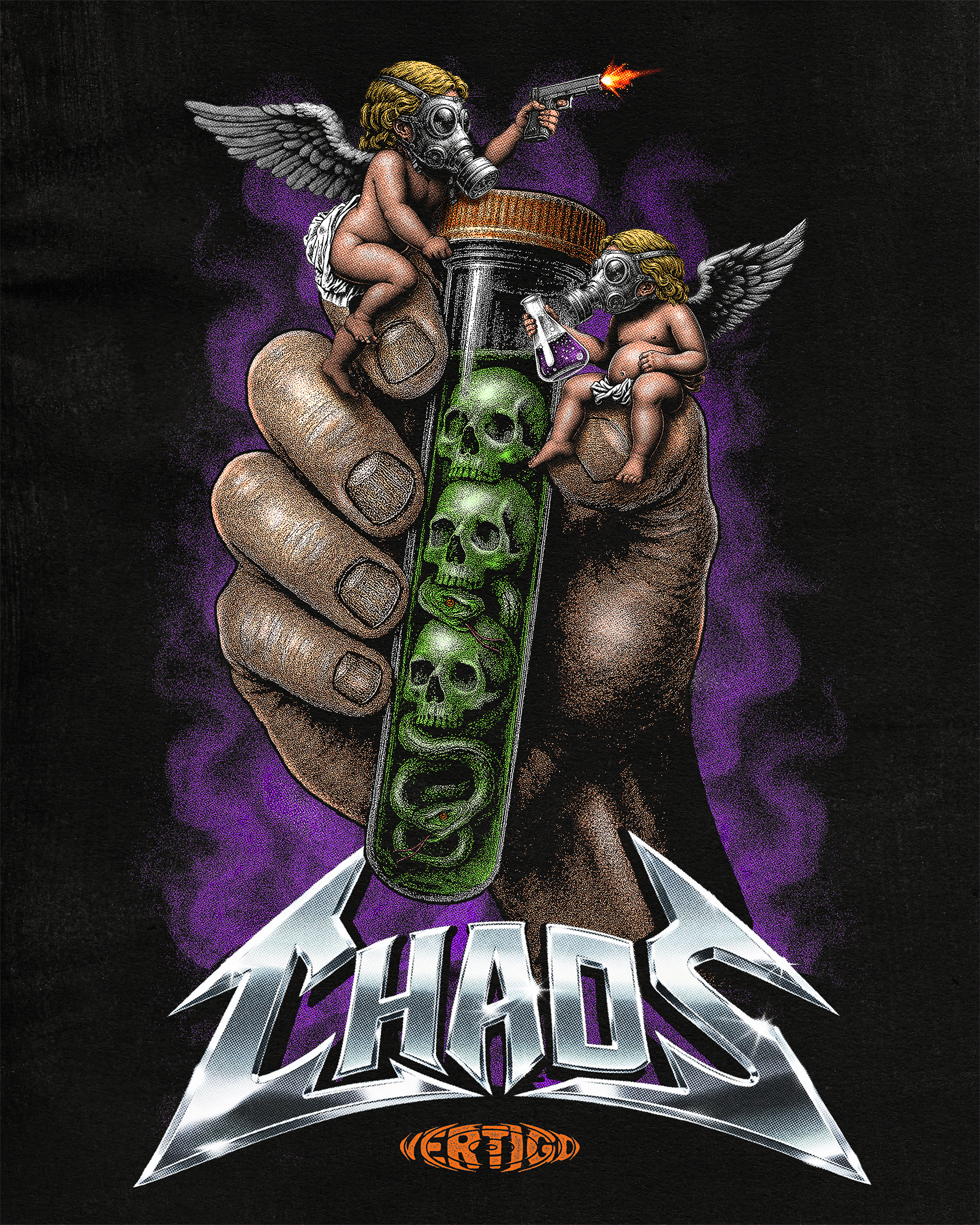 A graphic design illustration featuring two cherubs with gas masks, one shooting a gun and the other holding a flask with purple liquid, atop a large skull and a futuristic diamond-shaped object, with stylized text reading 'THALL' at the bottom.