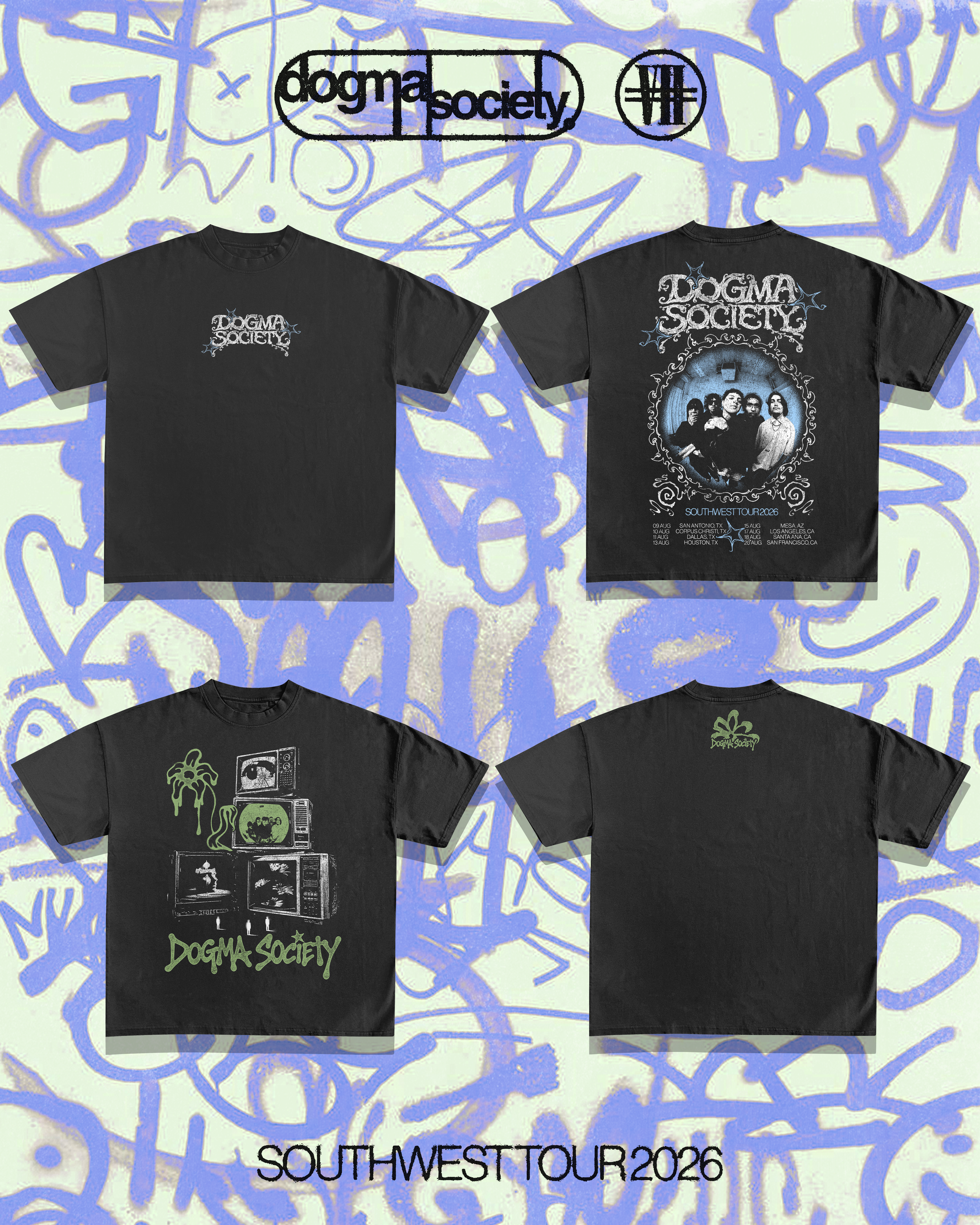 Black T-shirt featuring a band photo of Dogma Society and tour dates for Southwest Tour 2026.