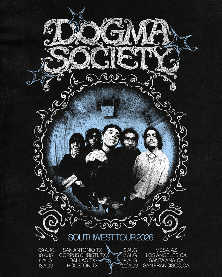 A promotional poster for Dogma Society's South West Tour 2026 featuring a black and white band photo of five men standing in a circle with decorative white borders.