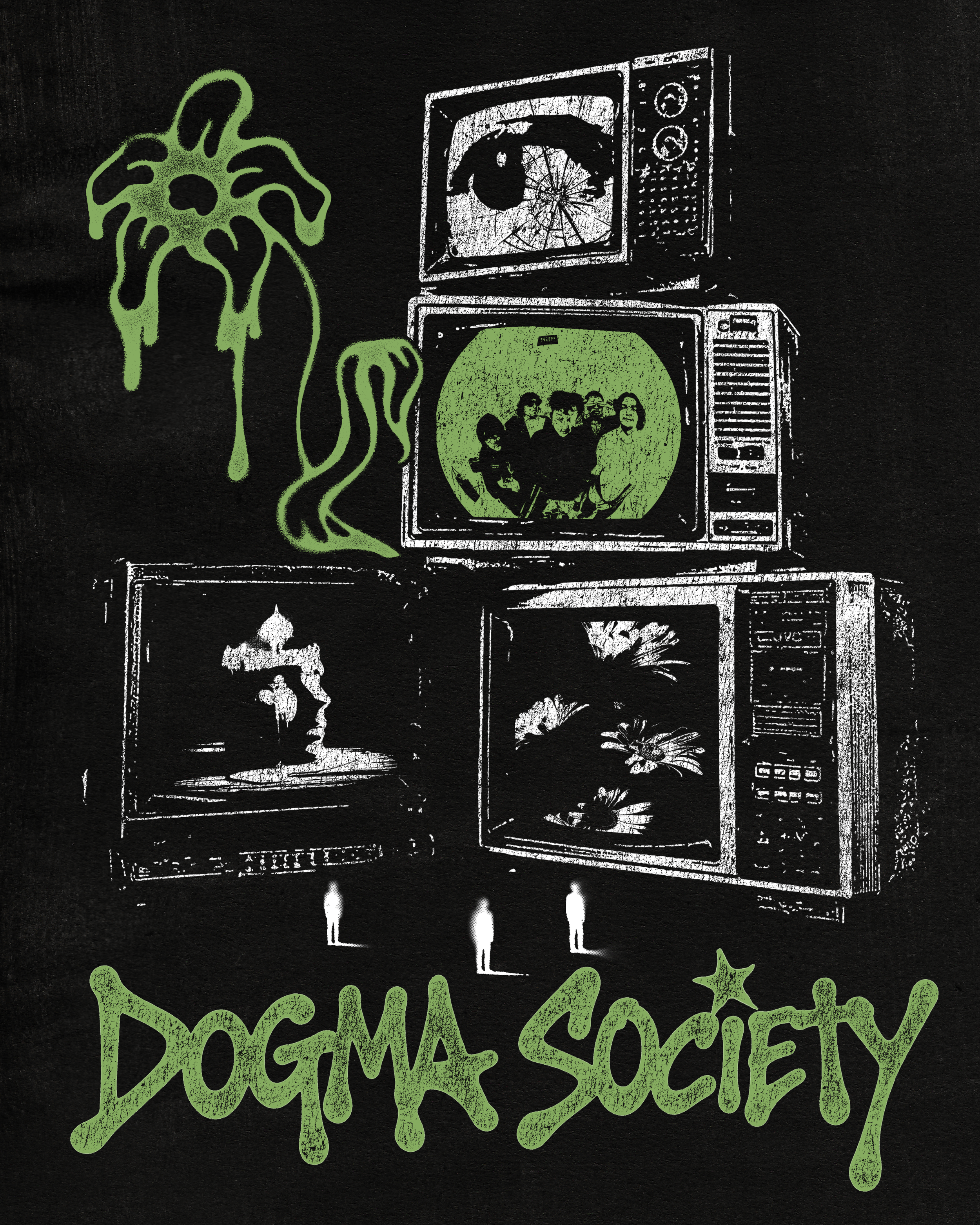 Chalkboard-style illustration of a vintage television set with a cracked screen displaying a group of people, with a smaller screen showing a cracked eye, and the words 'Dogma Society' in green graffiti-style lettering with star and paint splatter decorations.