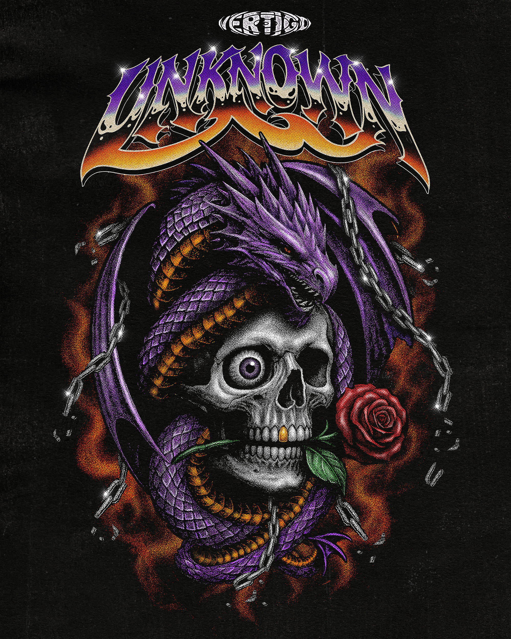 A detailed illustration of a purple dragon entwined around a human skull with a single eye and a red rose in its mouth, surrounded by chains and flames, featuring the 'Metallica' logo at the top.
