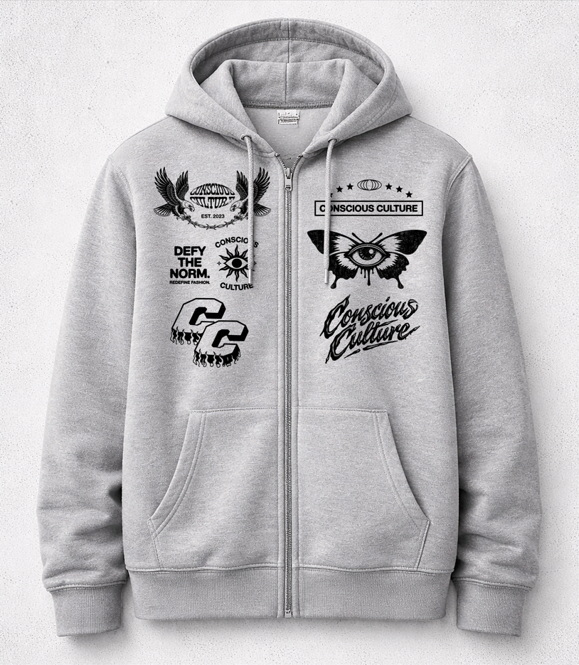 Gray zip-up hoodie with various black graphic designs and text, including an eye with wings, a moth with an eye, and phrases like 'Conscious Culture' and 'Defy the Norm'.