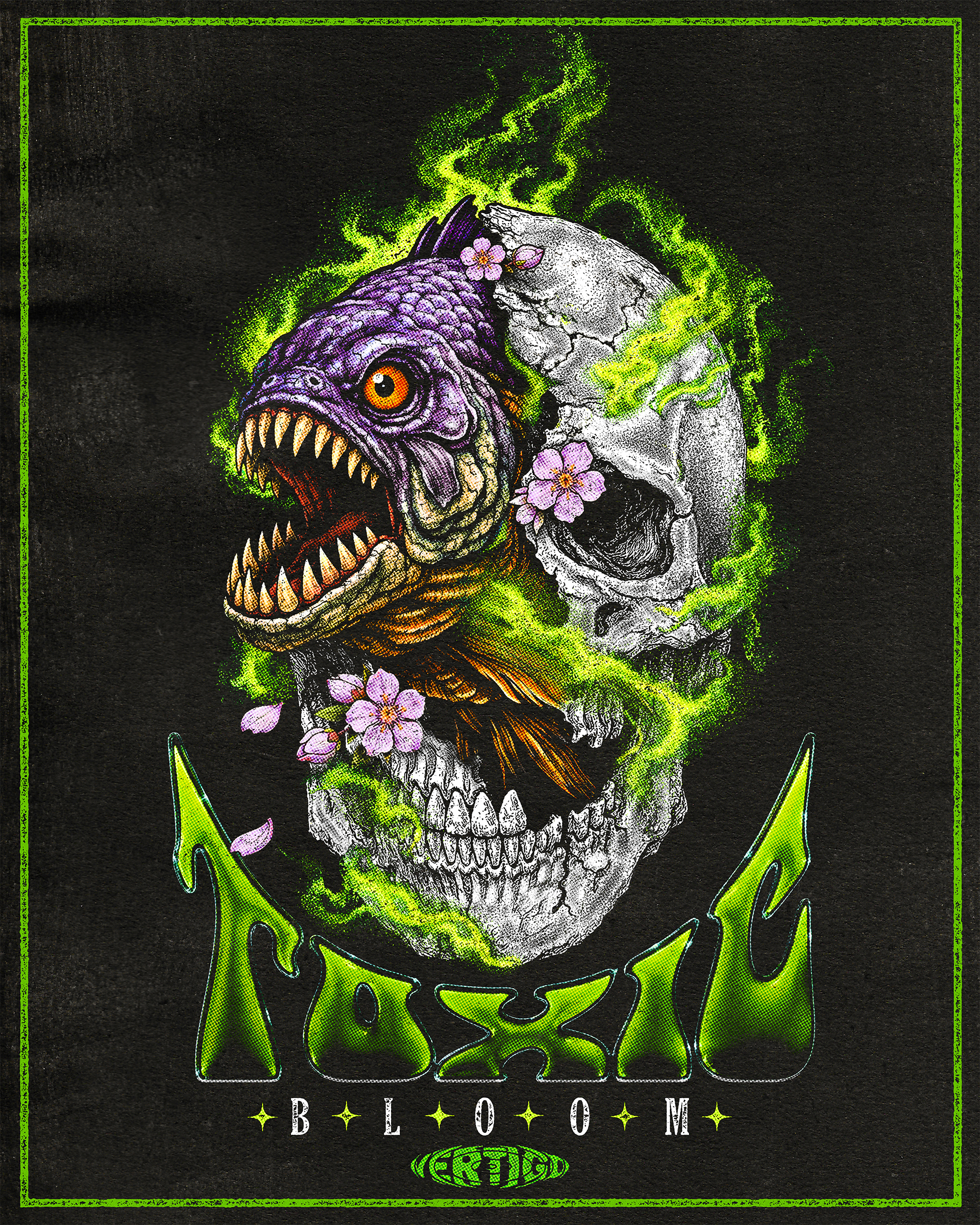 A colorful illustration of a monster with the head of a dinosaur/dragon and a human skull for the body. The creature has purple and black scales, sharp teeth, an orange eye, and pink cherry blossoms on its head. Green flames surround the monster with the word 'BLOOM' beneath it, and a green oval logo at the bottom.