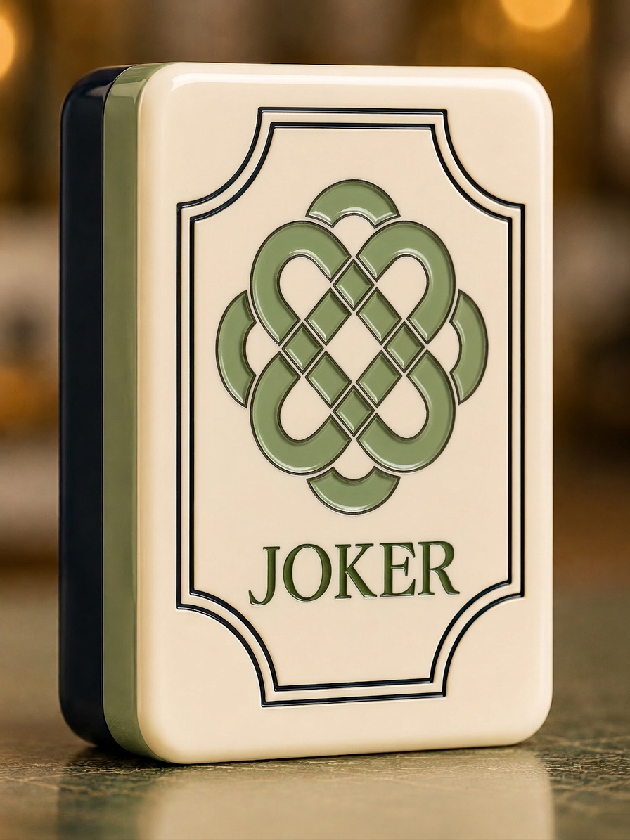 A decorative tin container with the word 'JOKER' written at the bottom, featuring a geometric green pattern on its front.