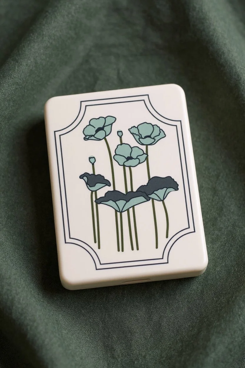 A rectangular box with a design of blueish-gray flowers and long stems on the cover, placed on a dark green fabric background.