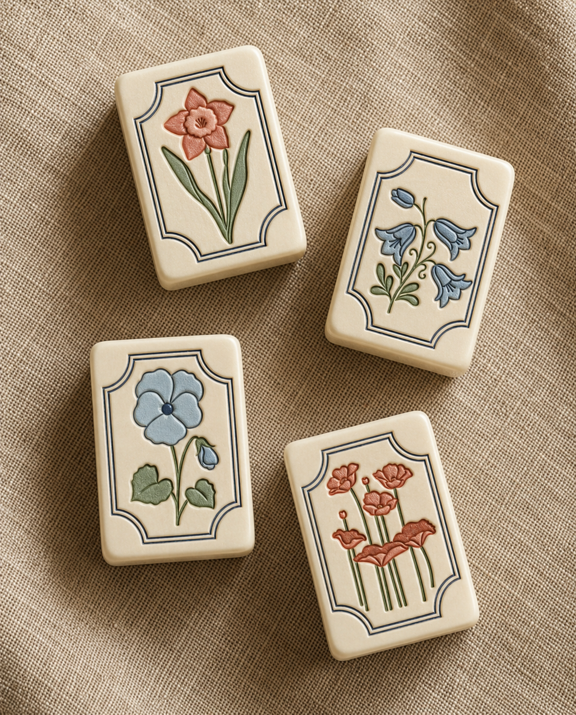 Four decorative tiles with floral patterns in pastel colors on a beige fabric background.