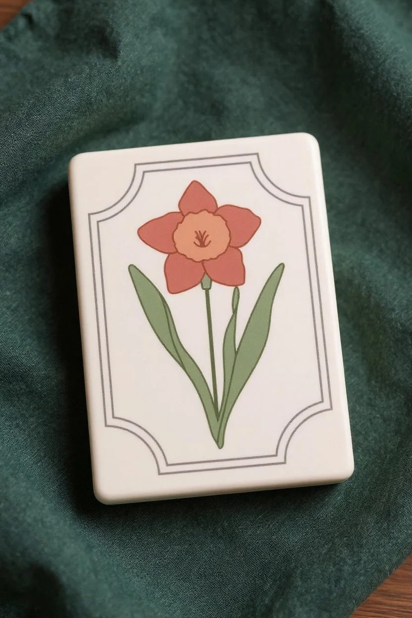 A white rectangular object with a decorative border, featuring an illustration of a red daffodil flower with green leaves.