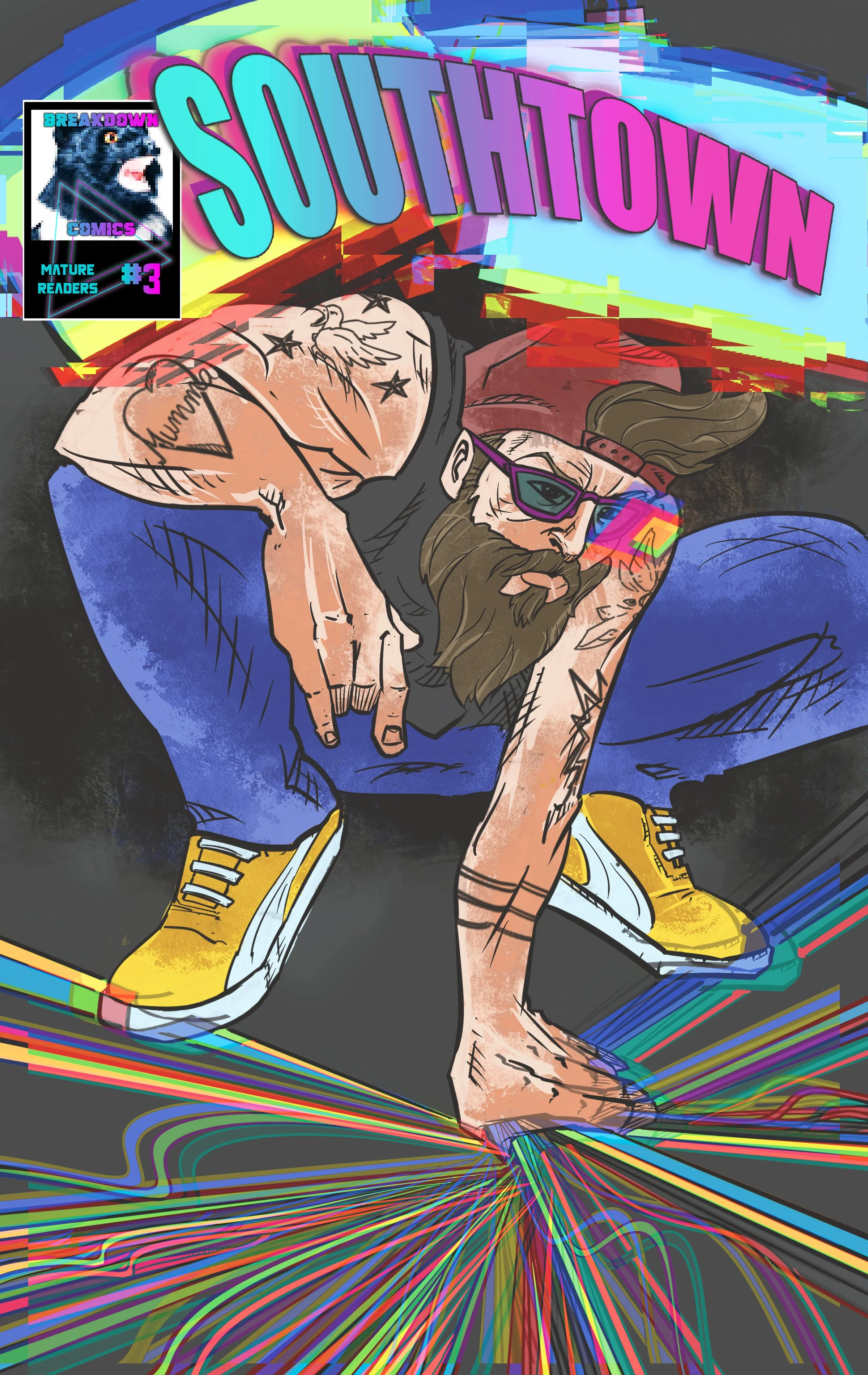 A colorful comic book cover titled 'Southtown' featuring a crouching man with tattoos, long hair, sunglasses, and yellow sneakers, against a background of digital glitch effects and rainbow lines.