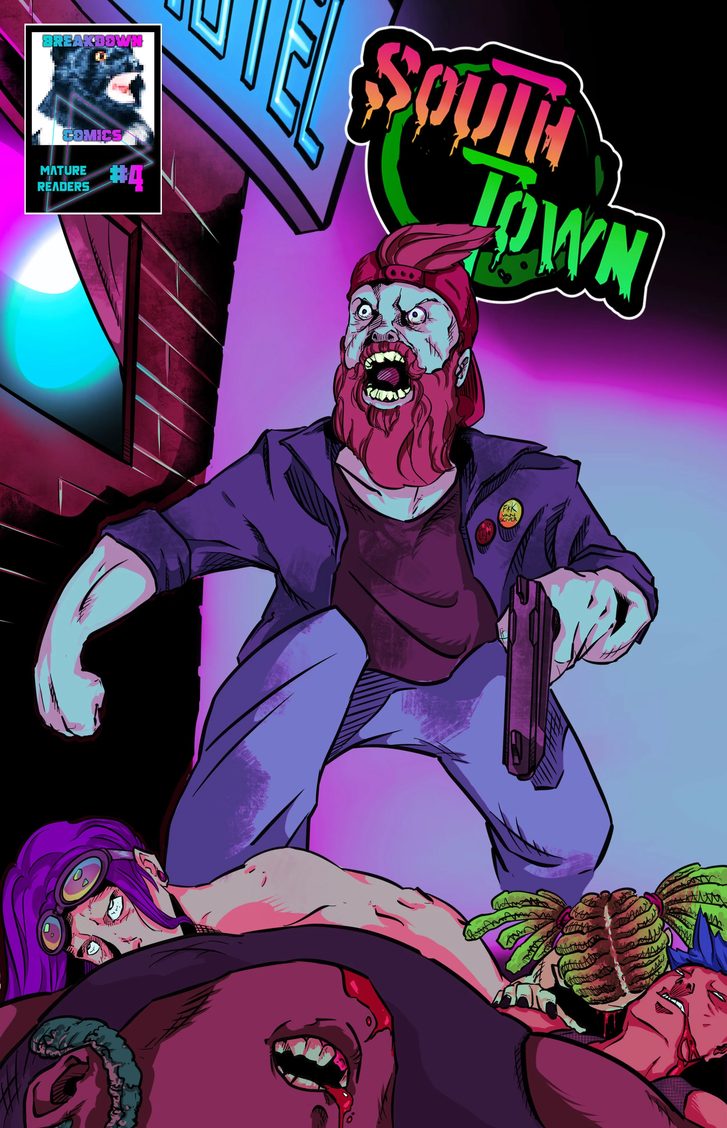 Comic book cover illustration titled 'Squid Town,' featuring a fierce man with pink hair and beard holding a gun, surrounded by defeated monstrous characters, with a neon-colored background and a small inset of a comic titled 'Breakdown Comics'.