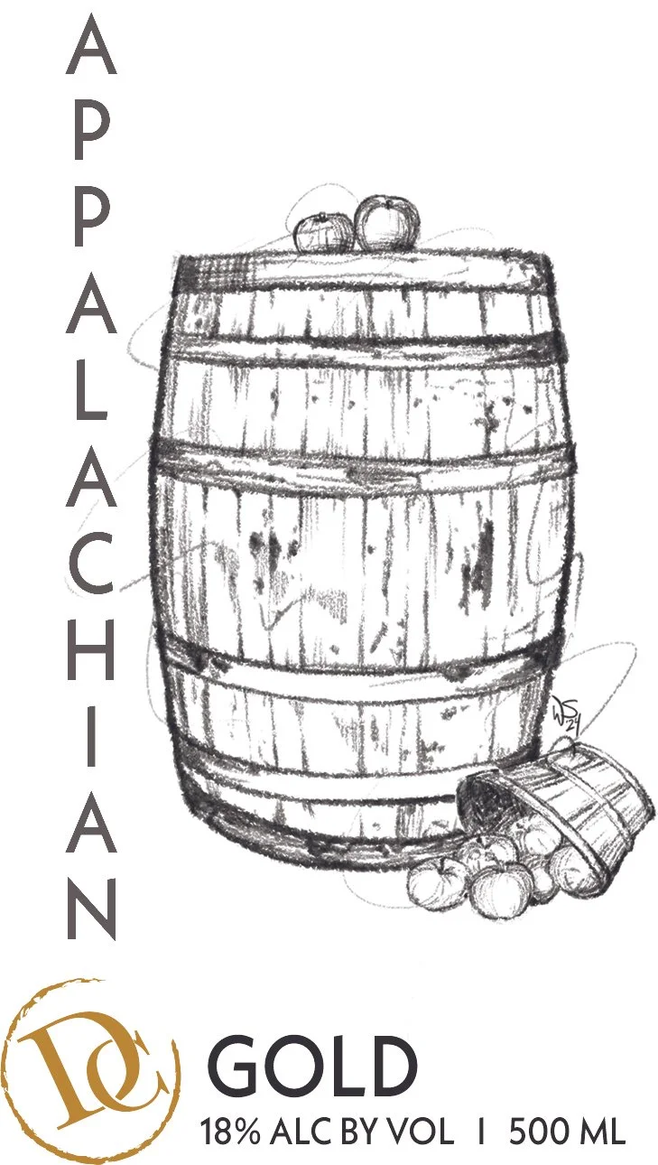 Sketch of a wooden barrel with apples on top and a small overturned barrel with apples spilling out next to it. The text 'APALACHIAN GOLD' and details about alcohol content and volume.