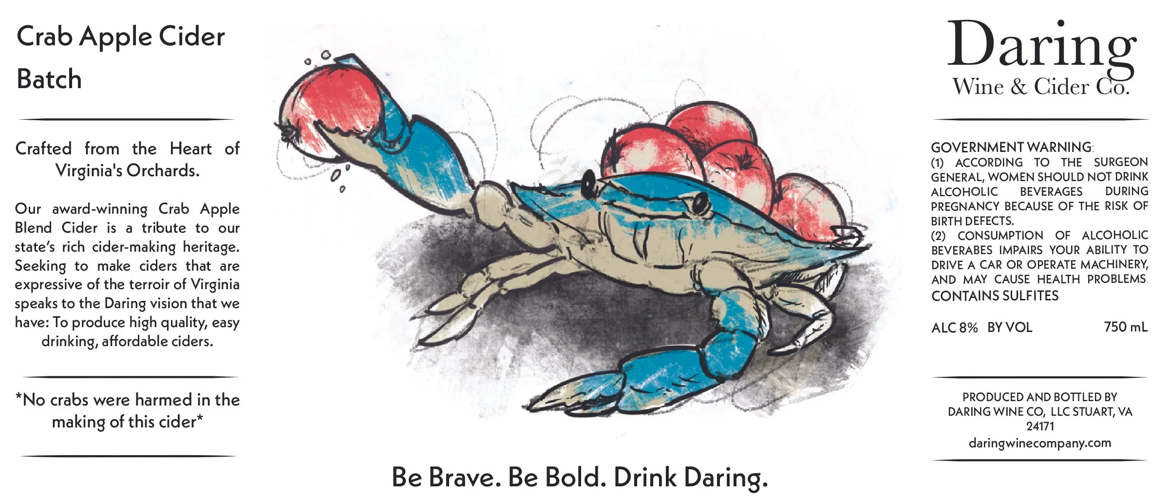 Label for Crab Apple Cider with an illustration of a blue and beige crab holding red apples in its claws, and descriptive text about the cider, its origin, and warnings.