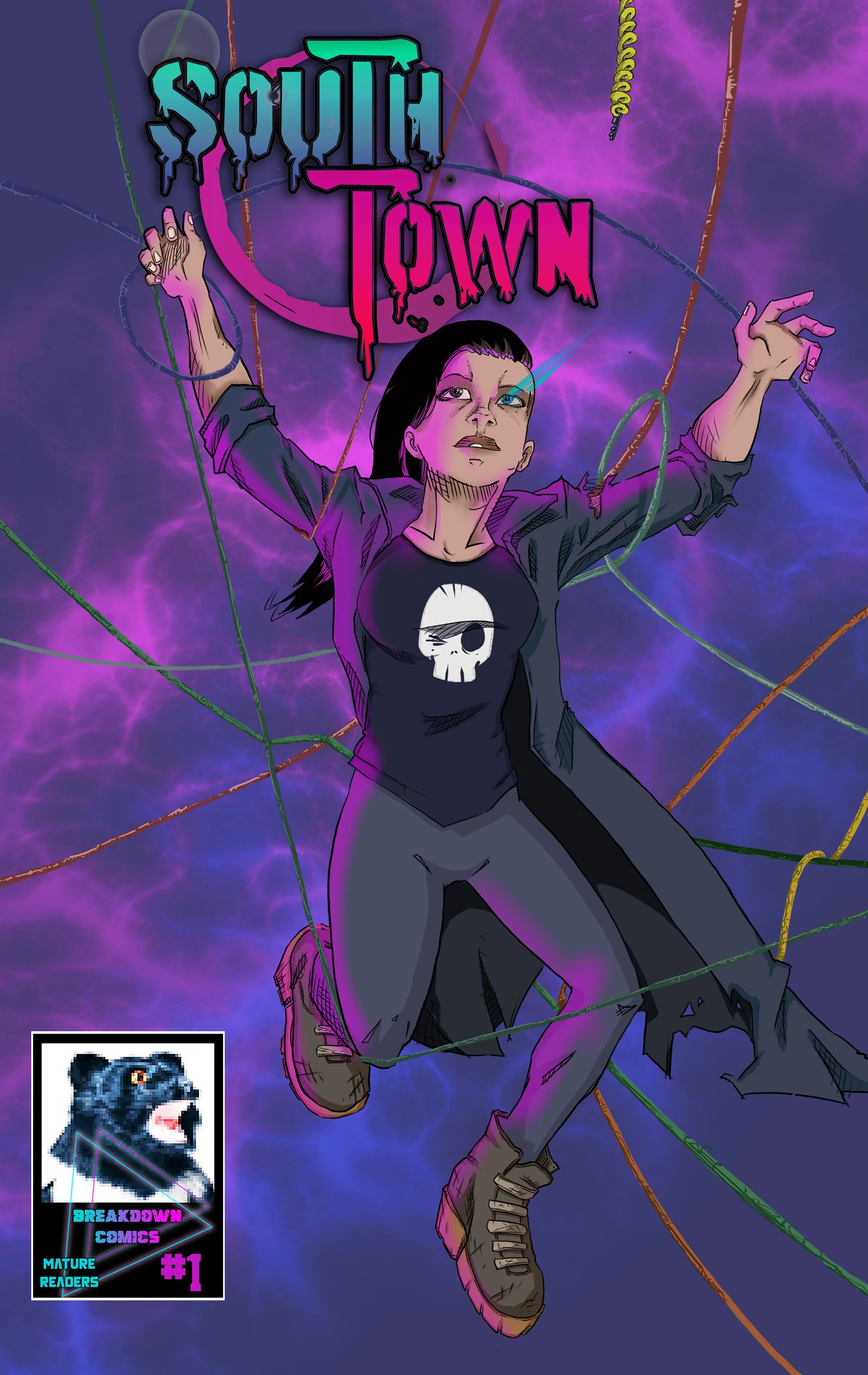 A comic book cover titled "Soula Town" featuring a woman with dark hair and a tattoo on her face, wearing a black shirt with a skull symbol, a jacket, and pants, set against a purple stormy background with colorful cosmic lines and vortexes. The bottom left corner has a smaller graphic of a black panther with an open mouth, labeled "Breakdown Comics" with the issue number "#1" and the words "Mature Readers."