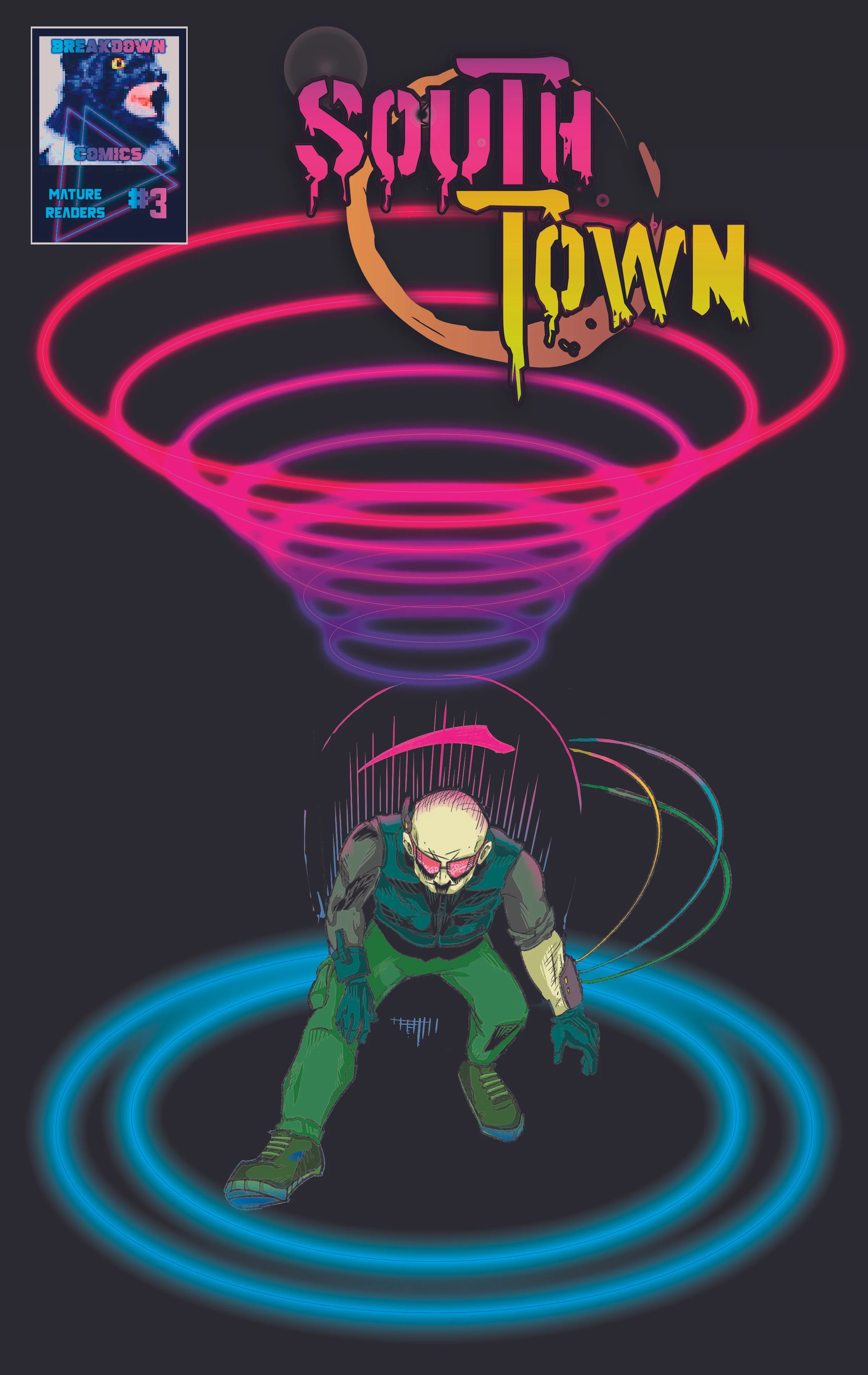 Futuristic digital illustration of a mutant character with blonde hair, wearing glasses, a vest, and green pants, surrounded by colorful neon rings and lines. The background features the text 'South Town' in edgy, graffiti-style font, with a pink and yellow color scheme. There is a comic book cover in the top left corner featuring a gorilla and the title 'Breakdown Comics #3' with the subtitle 'Mature Readers'.