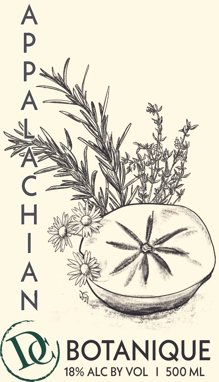 Illustration of a halved tomato with herbs growing behind it and the words "Appalachian Botanie" vertically on the left, and alcohol content info at the bottom.