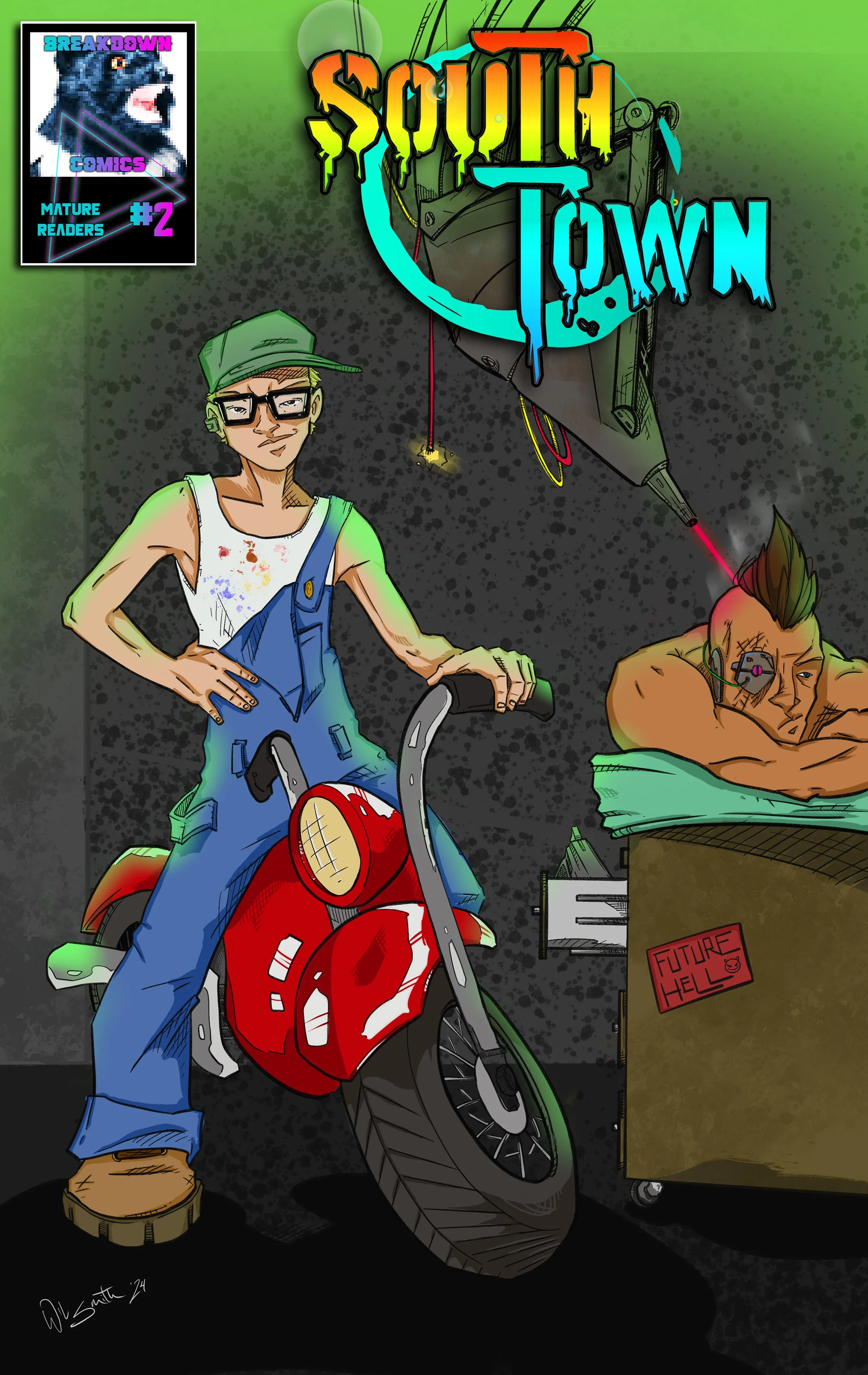 A comic-style drawing of a young man with glasses and a green cap sitting on a red motorcycle, smiling with his hand on his hip. A shirtless, muscular man with a cybernetic eye is lying on a bed with a melancholic expression. The background features a dark textured surface with neon graffiti-style text reading 'Squid Town' and a floating poster of a pixelated blue creature with the words 'Breakdown Comics #2' and 'Mature Readers'.