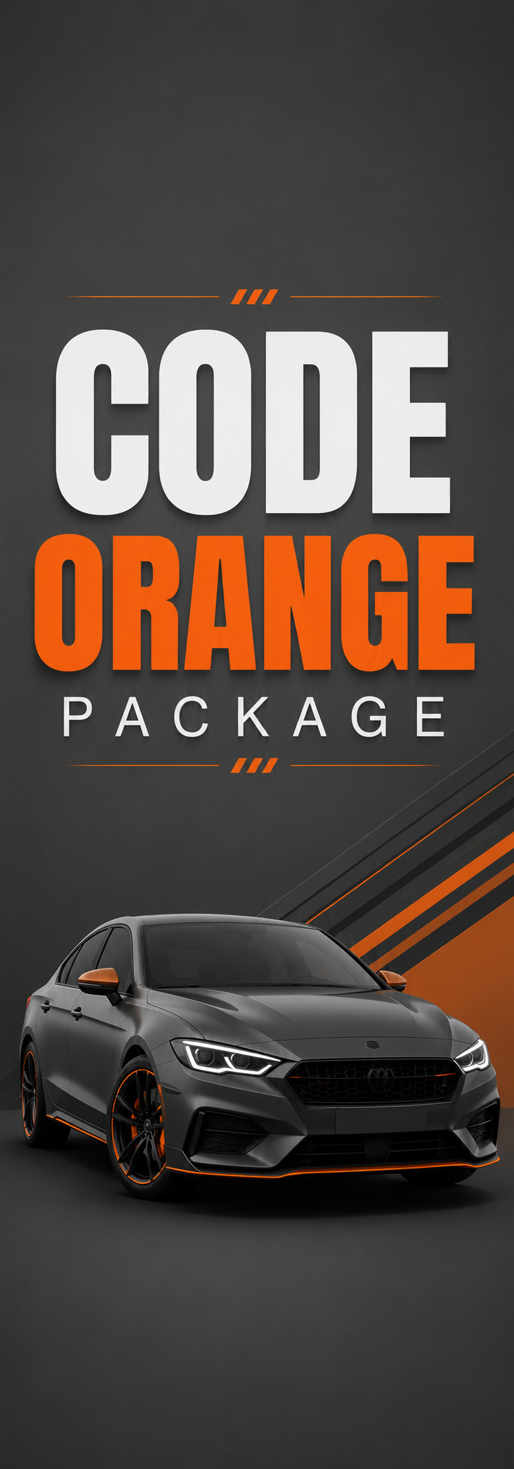A promotional banner for a car package featuring a black sports car with orange accents against a dark background and bold text reading 'Code Orange Package'.