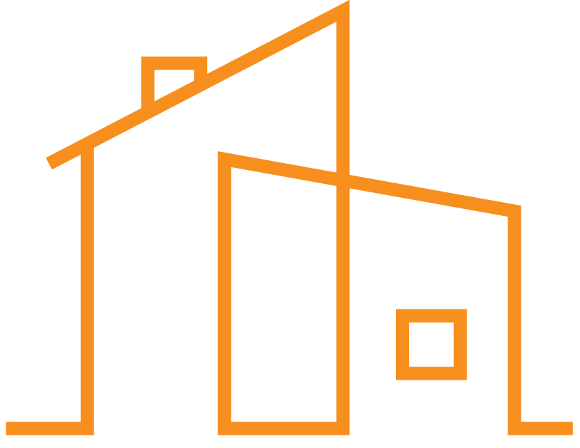 HouseCraft Builders logo, an outline drawing of a house with a large slanted roof, one chimney, and walls, all in orange.