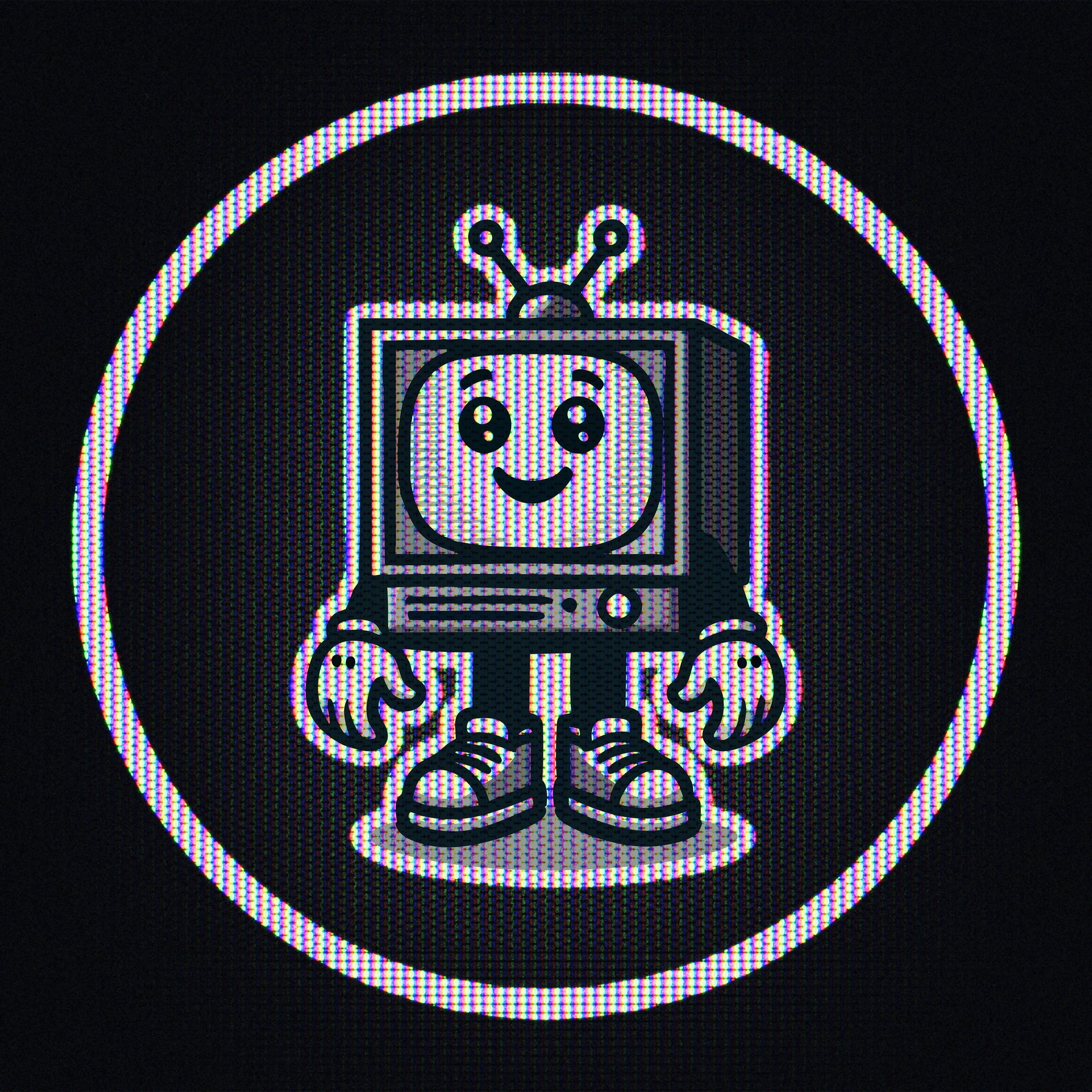 Close-up digital screen displaying a white neon icon of a vintage television with antennas, inside a circular black background.