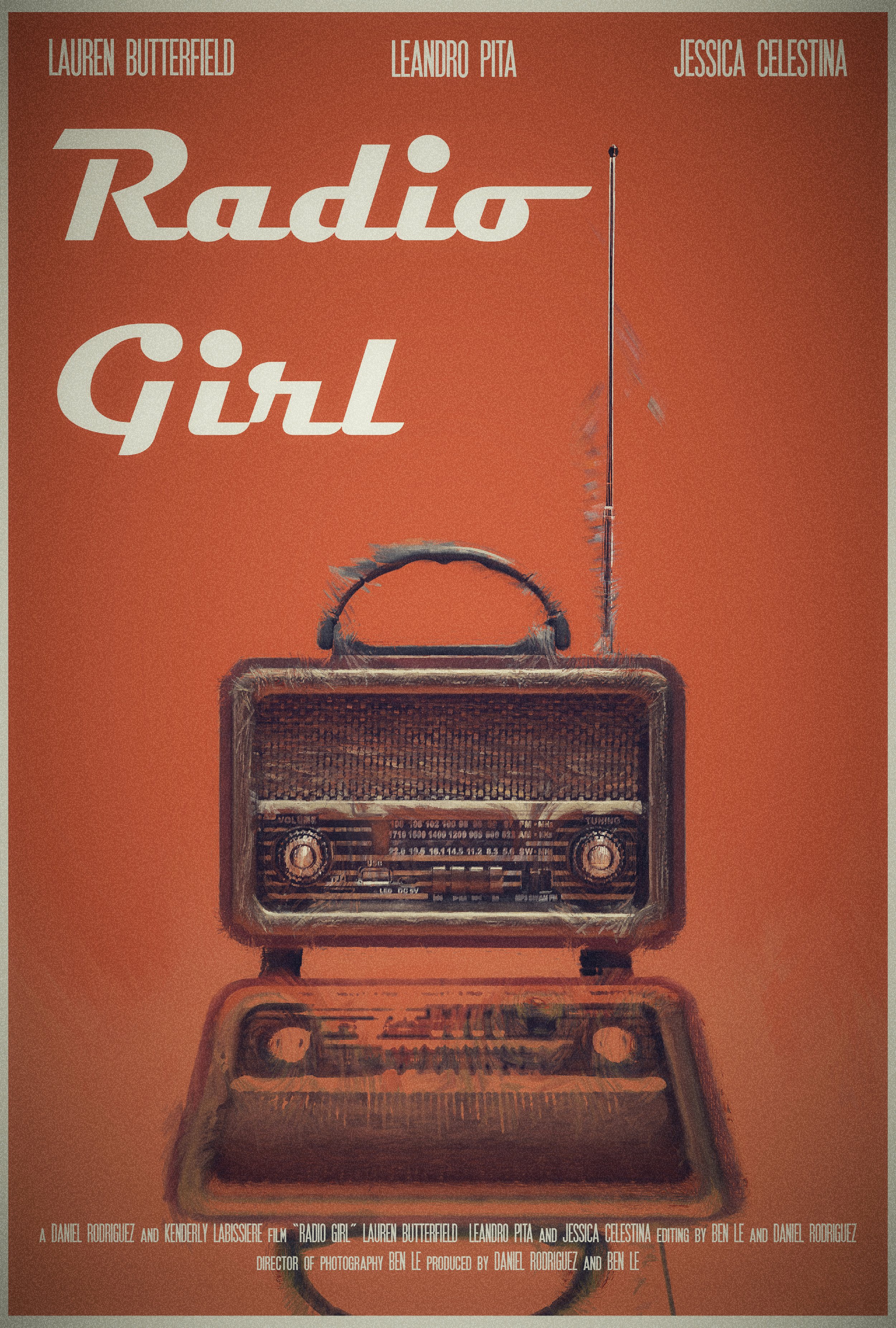 Poster for the film 'Radio Girl' featuring an orange background with an illustrated vintage radio and text listing the actors Lauren Butterfield, Leandro Pita, and Jessica Celestina.