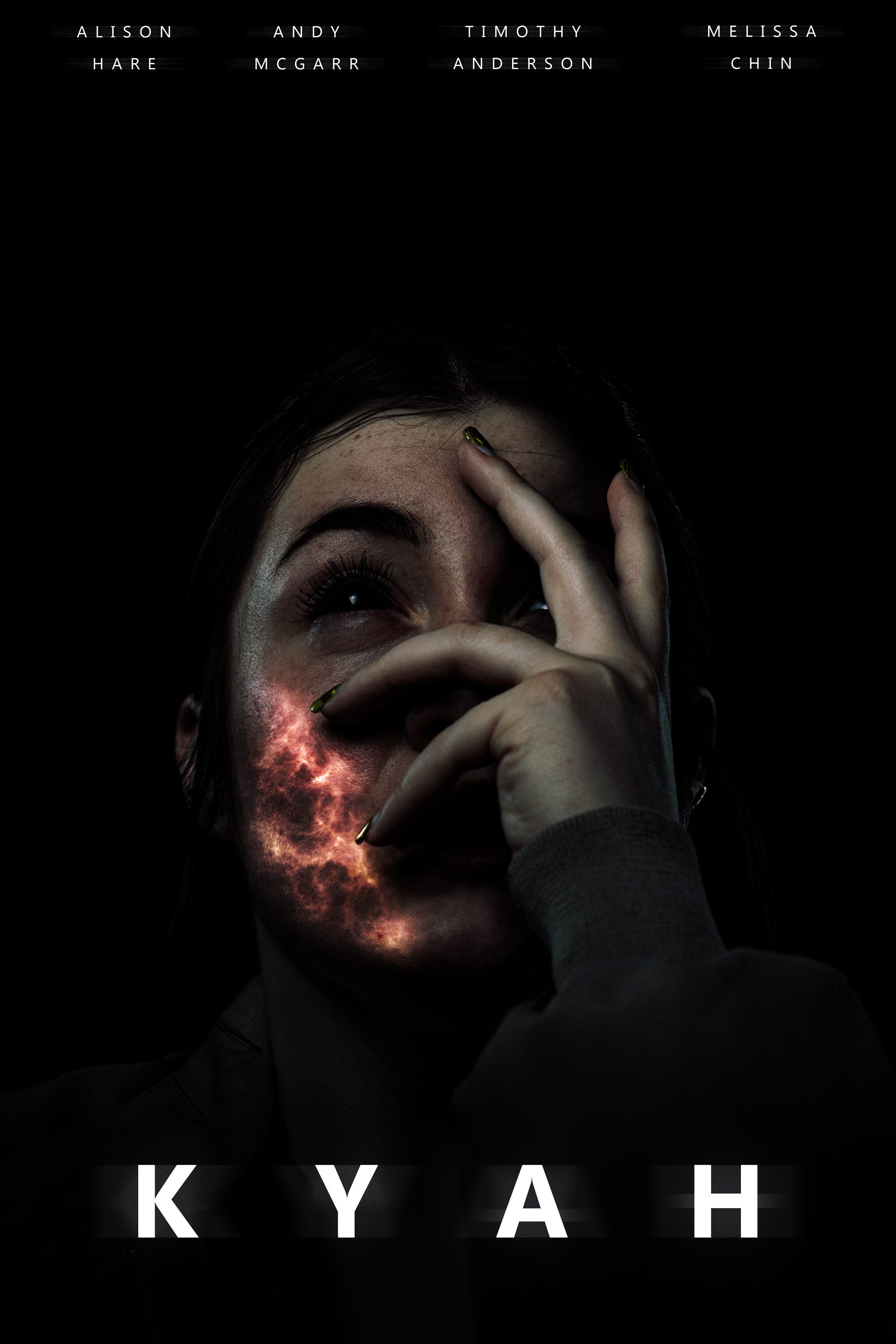 A woman with dark hair and black eyes covering part of her face with her hand, against a black background with a red nebula radiating and intertwined with her skin. The word KYAH at the bottom.