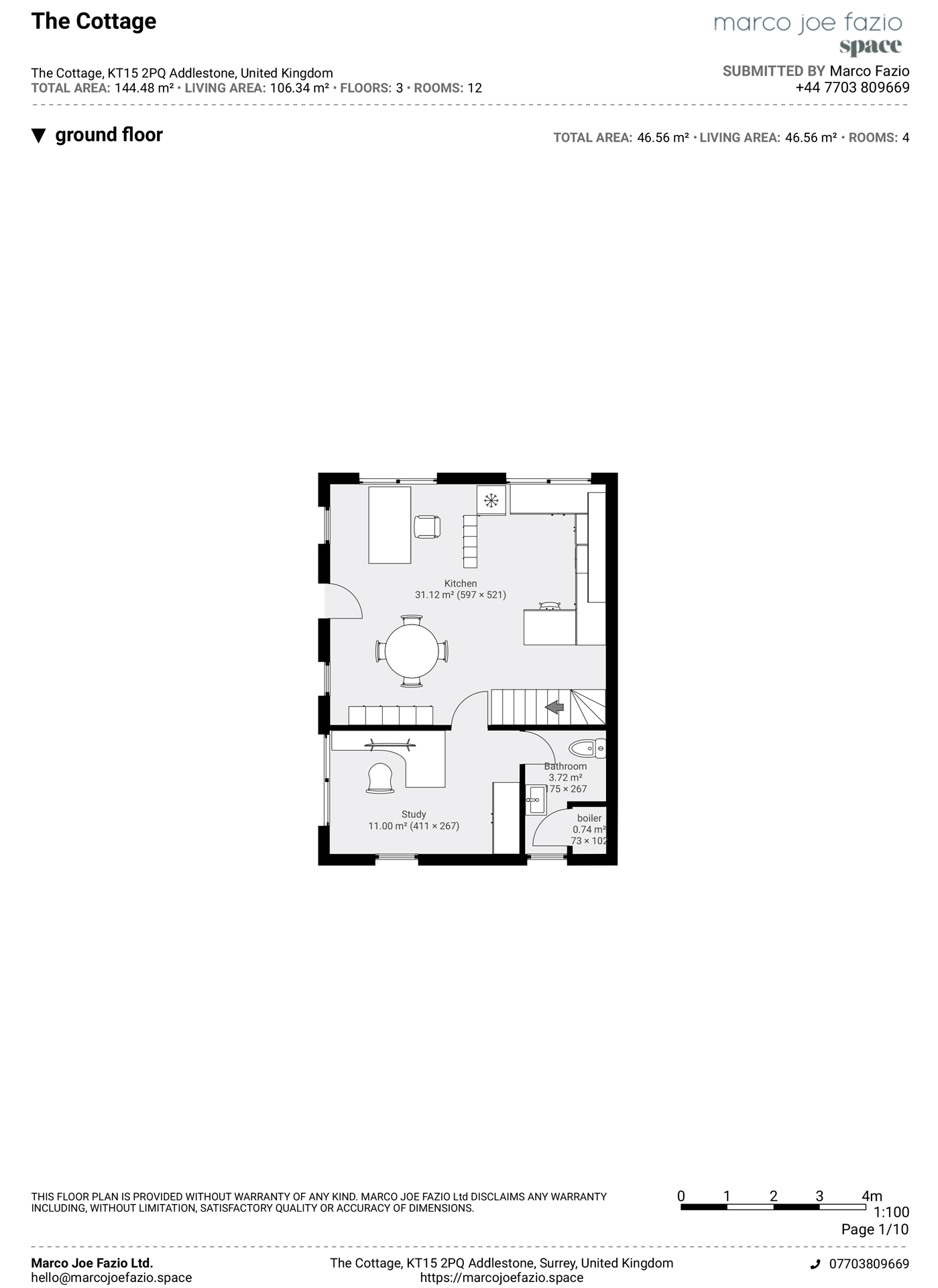 Floor plan of a ground floor apartment with a kitchen, study, bathroom, and boiler room, detailed with measurements.