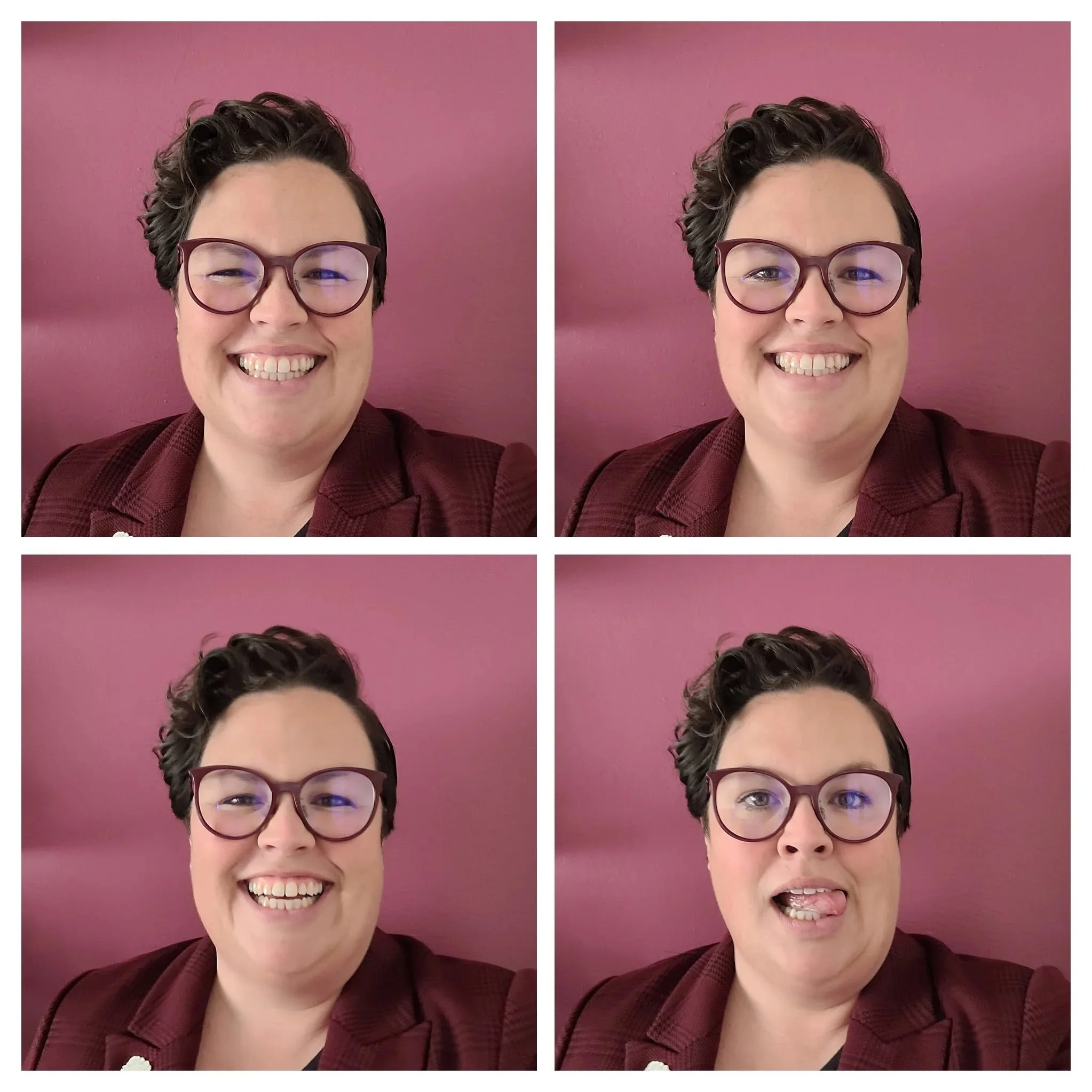 Image shows Nicole, a white woman with short brown hair and glasses. There are four images of her face, some are serious in nature and some are funny