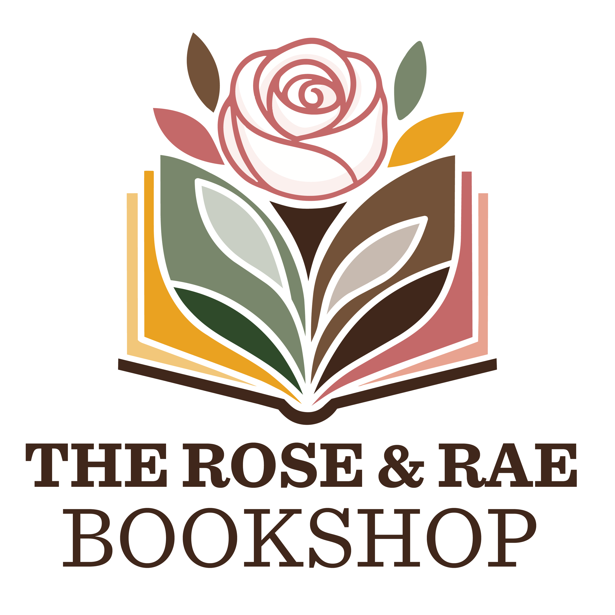 Image shows The Rose and Rae Bookshop's logo. A colorful book with a white rose blooming out of the top.