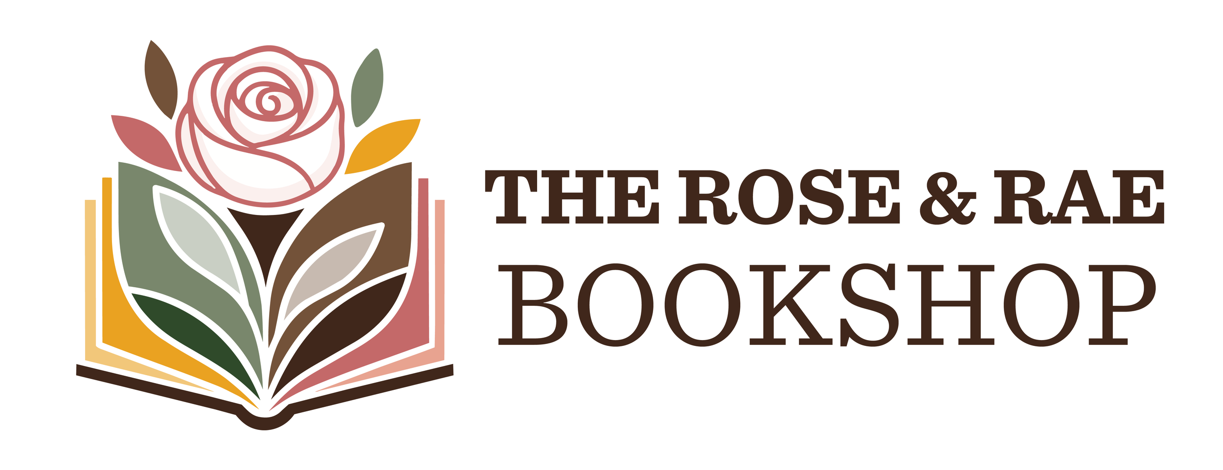 Image shows The Rose and Rae Bookshop's logo. A colorful book with a white rose blooming out of it.