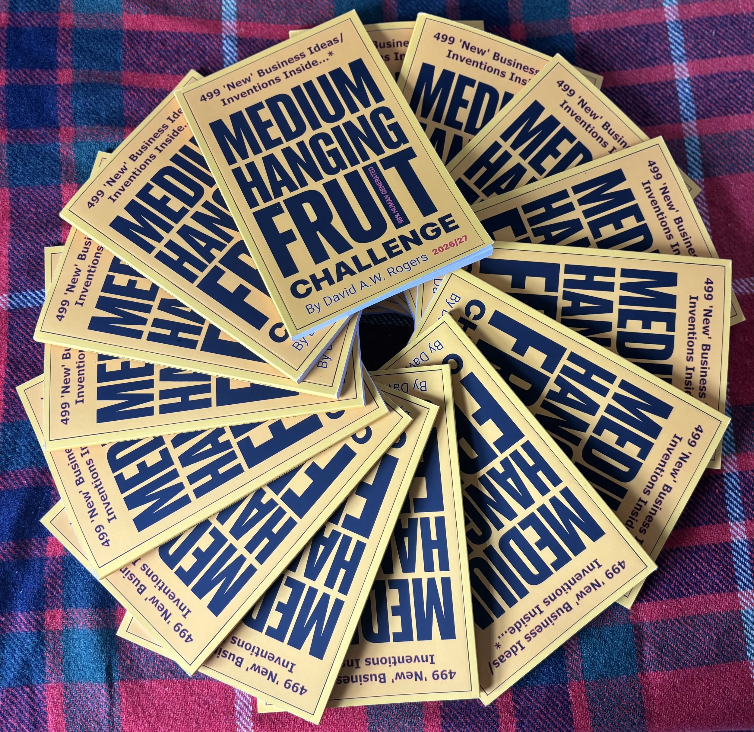 Multiple yellow flyers with blue text, spread out on a red and blue plaid fabric surface. The flyers mention a business invention challenge, with details and a deadline listed.