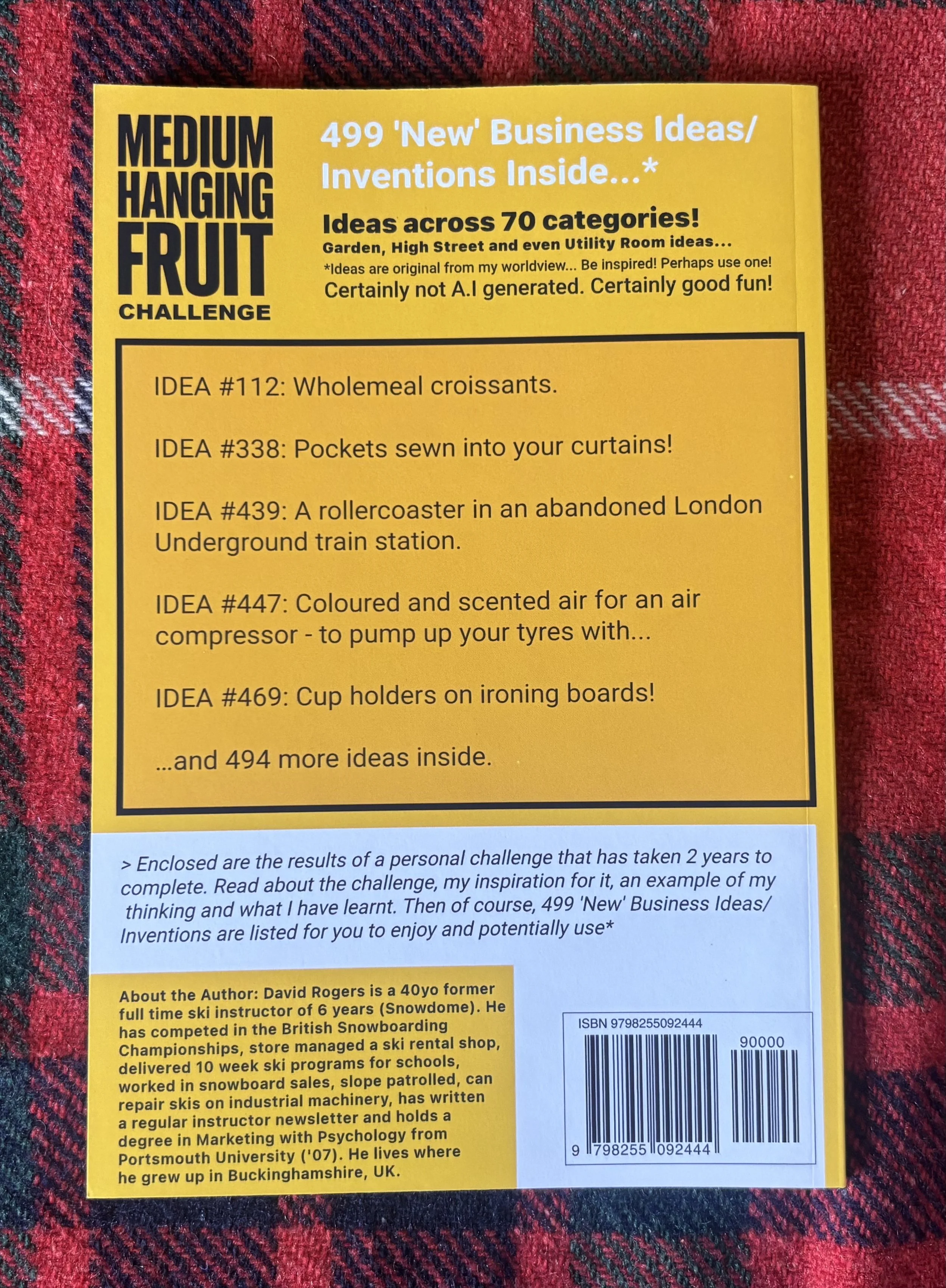 Back cover of a book or challenge sheet titled 'Medium Hanging Fruit Challenge', featuring ideas for various business inventions and ideas listed with numbers, on a yellow background with black text, placed on a red and black checkered fabric.