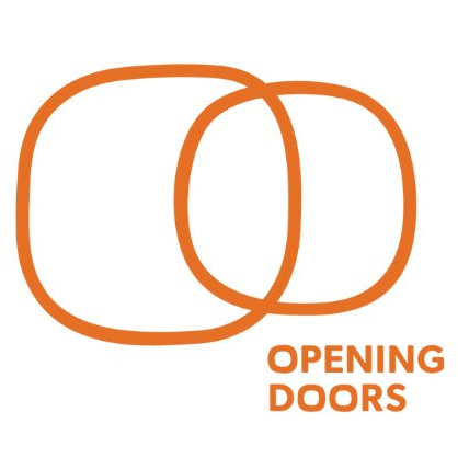 A logo with two overlapping orange outlines of doors and the text 'OPENING DOORS' below in orange.