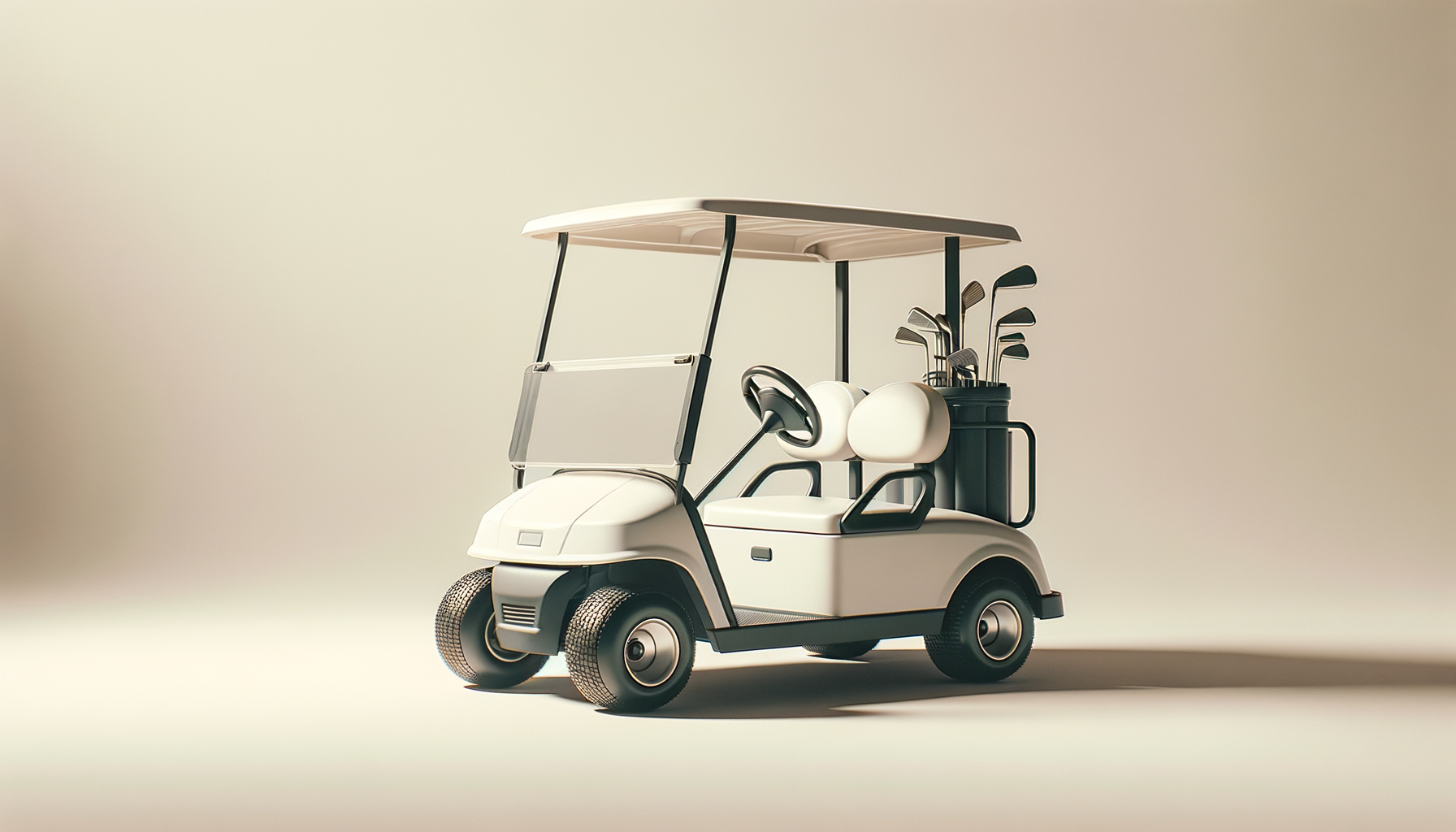 A white golf cart with a roof, four wheels, and a set of golf clubs in the back, against a plain light background.