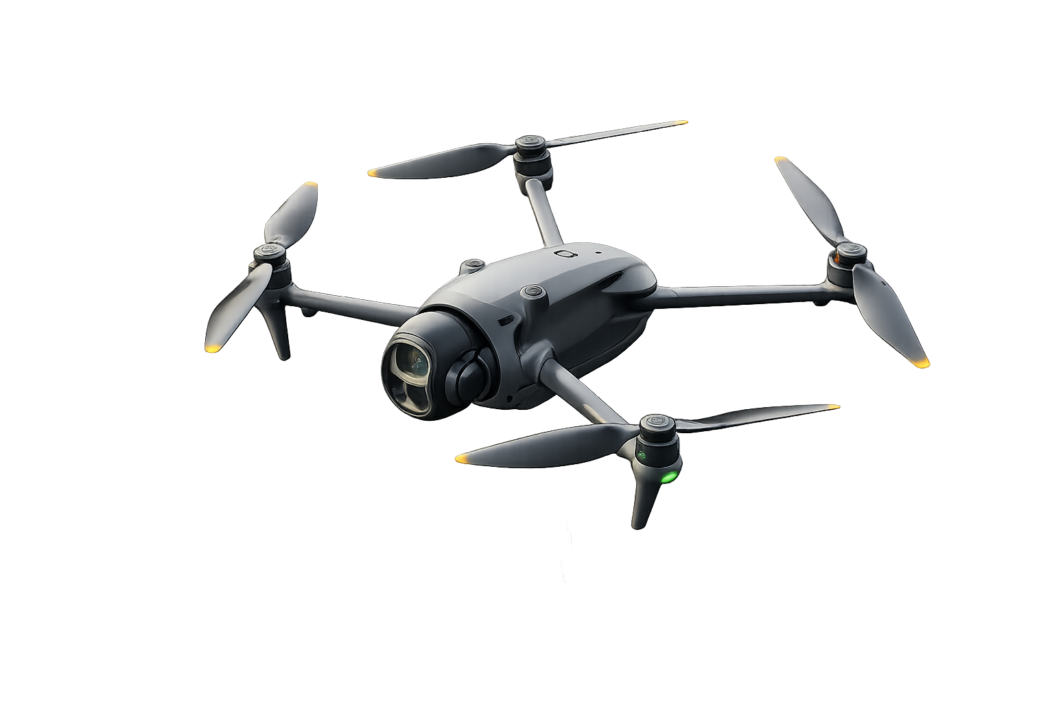 A black DJI FPV drone with a camera mounted on its front