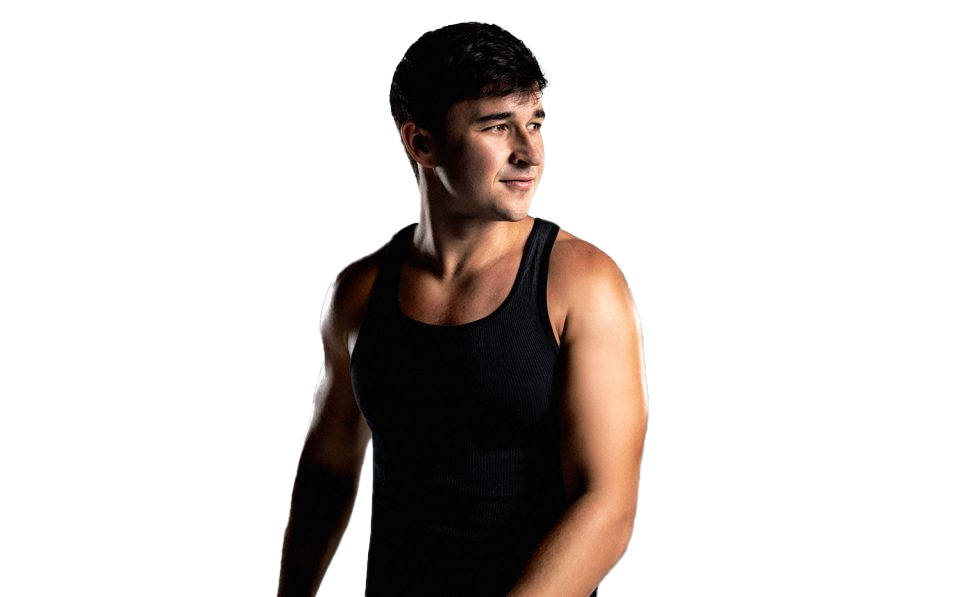 Young man in a black tank top looking to the side with a dark background and digital glitch effect.