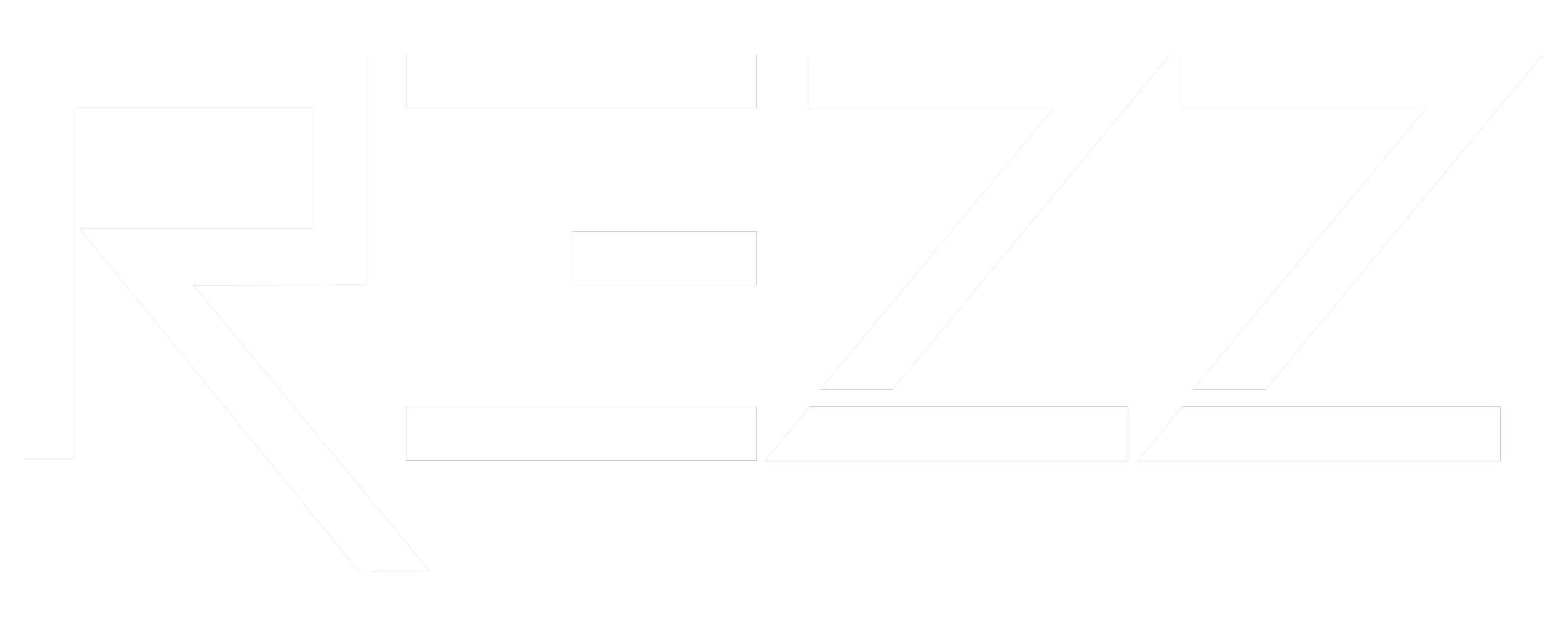 Bold black and white stylized text spelling "REZ" with geometric design elements.