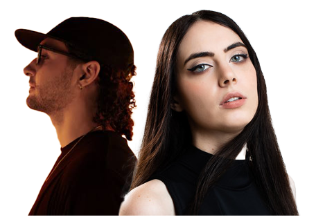 A man and a woman standing back to back; the man is wearing glasses and a cap, facing left with a side profile, while the woman is facing forward with long dark hair and a serious expression.