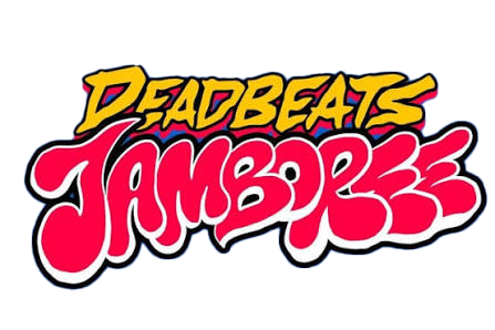 Logo for Deadbeat Jamboree with bold yellow and red text and a black outline.
