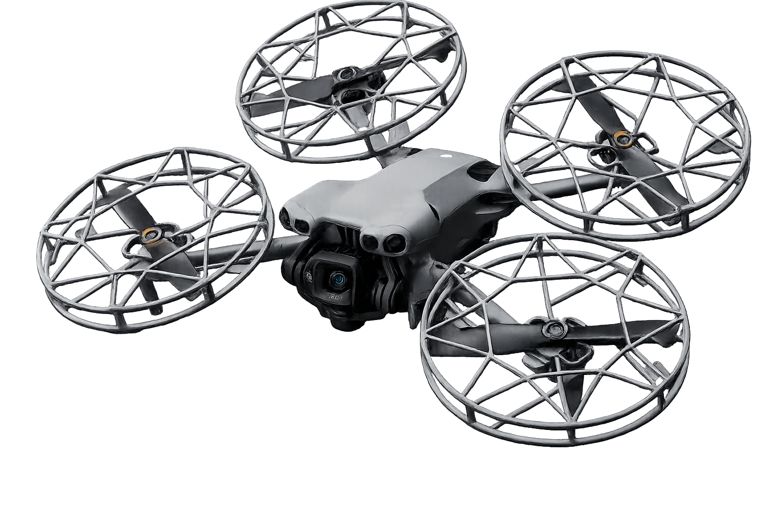 A quadcopter drone with four propellers and protective cages, placed on a plain gray surface.