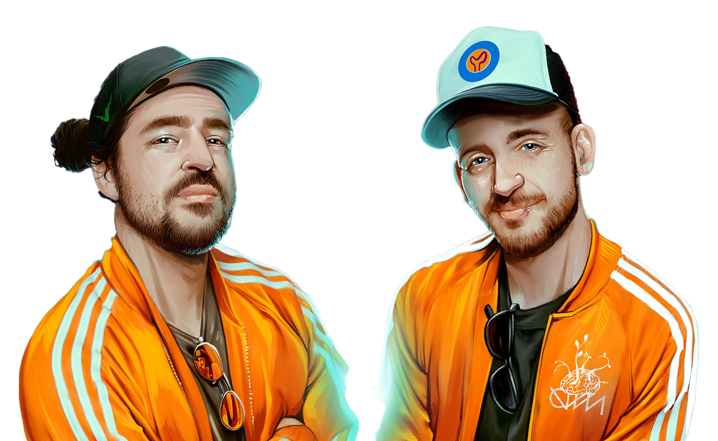 Digital illustration of two men with beards and mustaches, wearing orange jackets with white stripes, and baseball caps. The man on the left has long hair tied in a bun and a gray cap, while the man on the right has short hair and a white cap with a colorful emblem. Both have sunglasses hanging from their jackets.