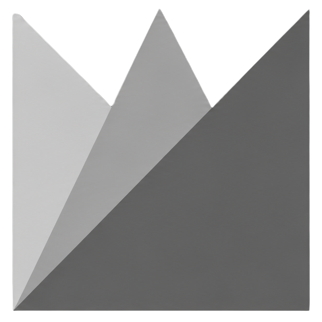 Abstract image of three overlapping triangles in shades of gray, black background.