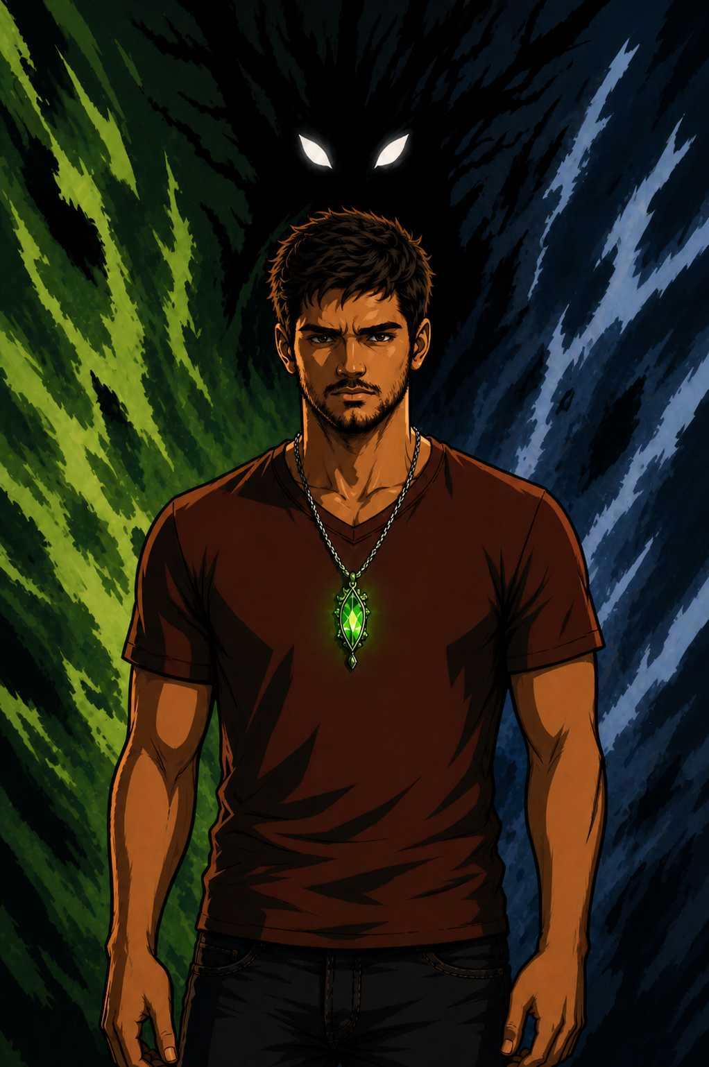 A serious young man with dark hair and beard, wearing a brown T-shirt and a glowing green necklace, standing in front of a background split into green and blue streaks with a dark shadowy figure with glowing eyes behind him.