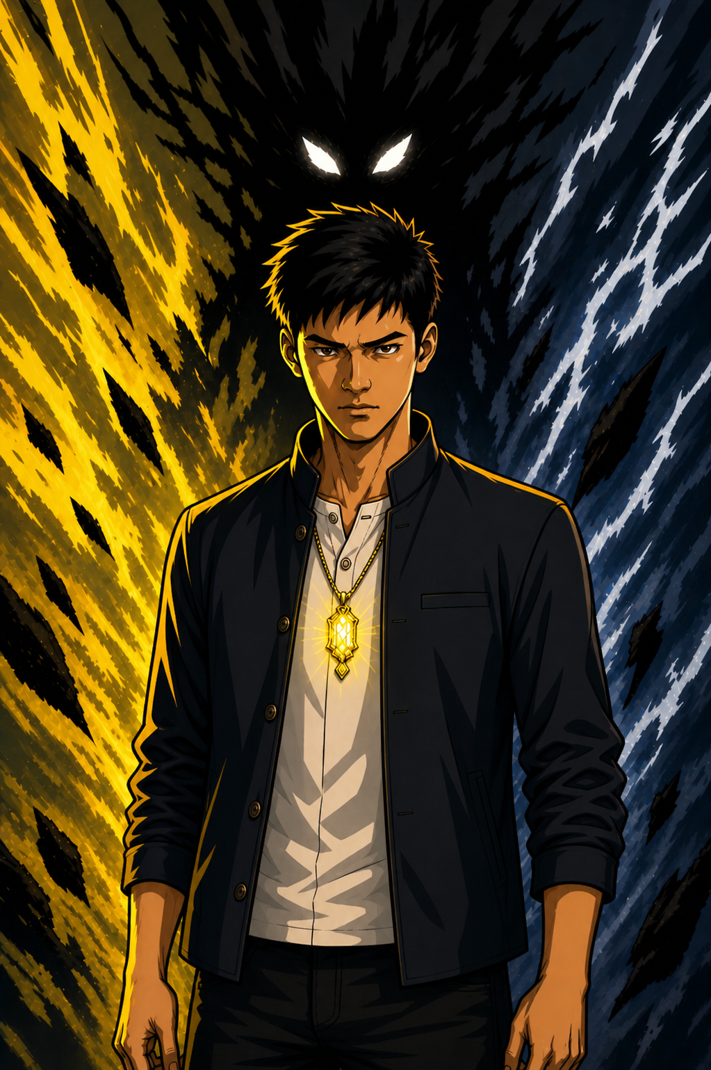 A young man with dark hair and serious expression standing in front of a background divided into yellow and blue lightning streaks. A shadowy figure with glowing white eyes hovers behind him. The young man wears a black jacket over a white shirt and 
