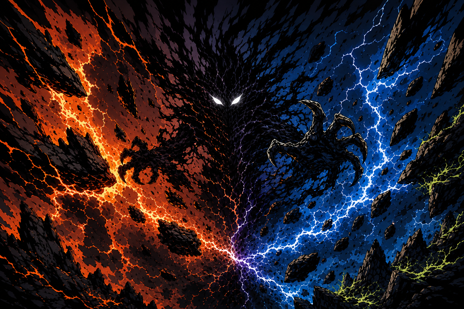 A digital art depicting a battle between fire and ice dragons, with lightning and volcanic eruptions, separated by a vortex.