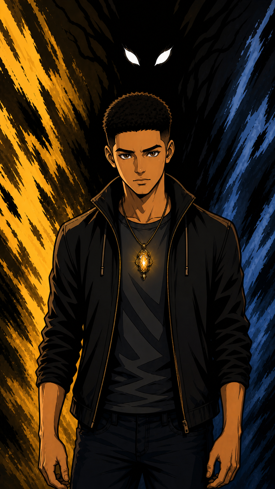 A young man with short dark hair and serious expression, wearing a black leather jacket and a glowing pendant necklace. Behind him, a dark silhouette with glowing white eyes and a mysterious presence in the background.